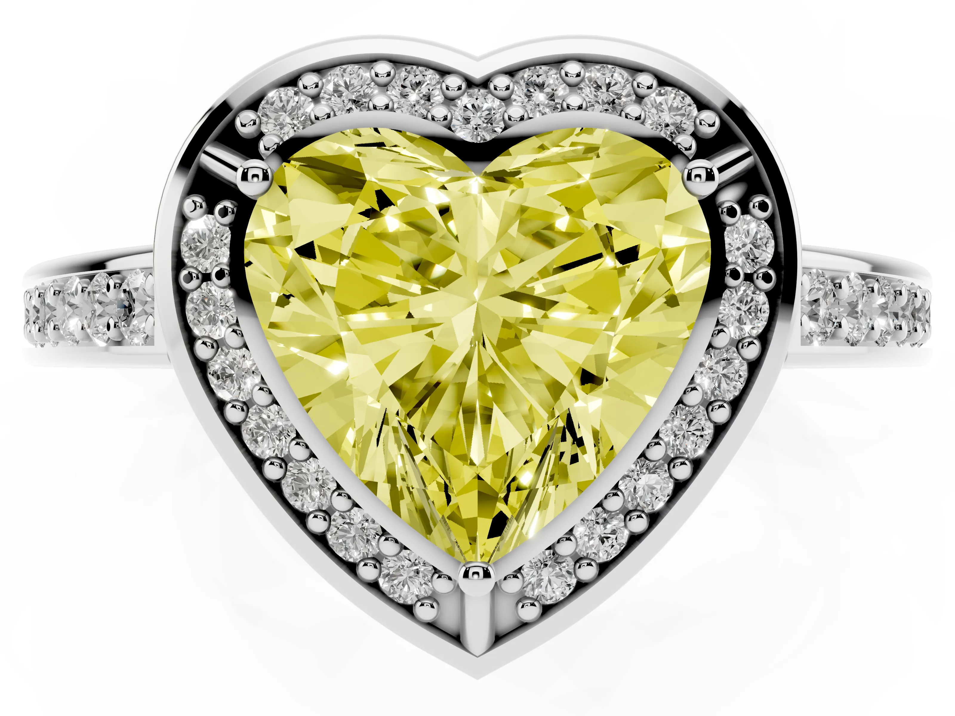 Fancy Yellow Heart Cut Diamond Halo Pavé Split Shank Ring Set in Platinum with Prong Setting