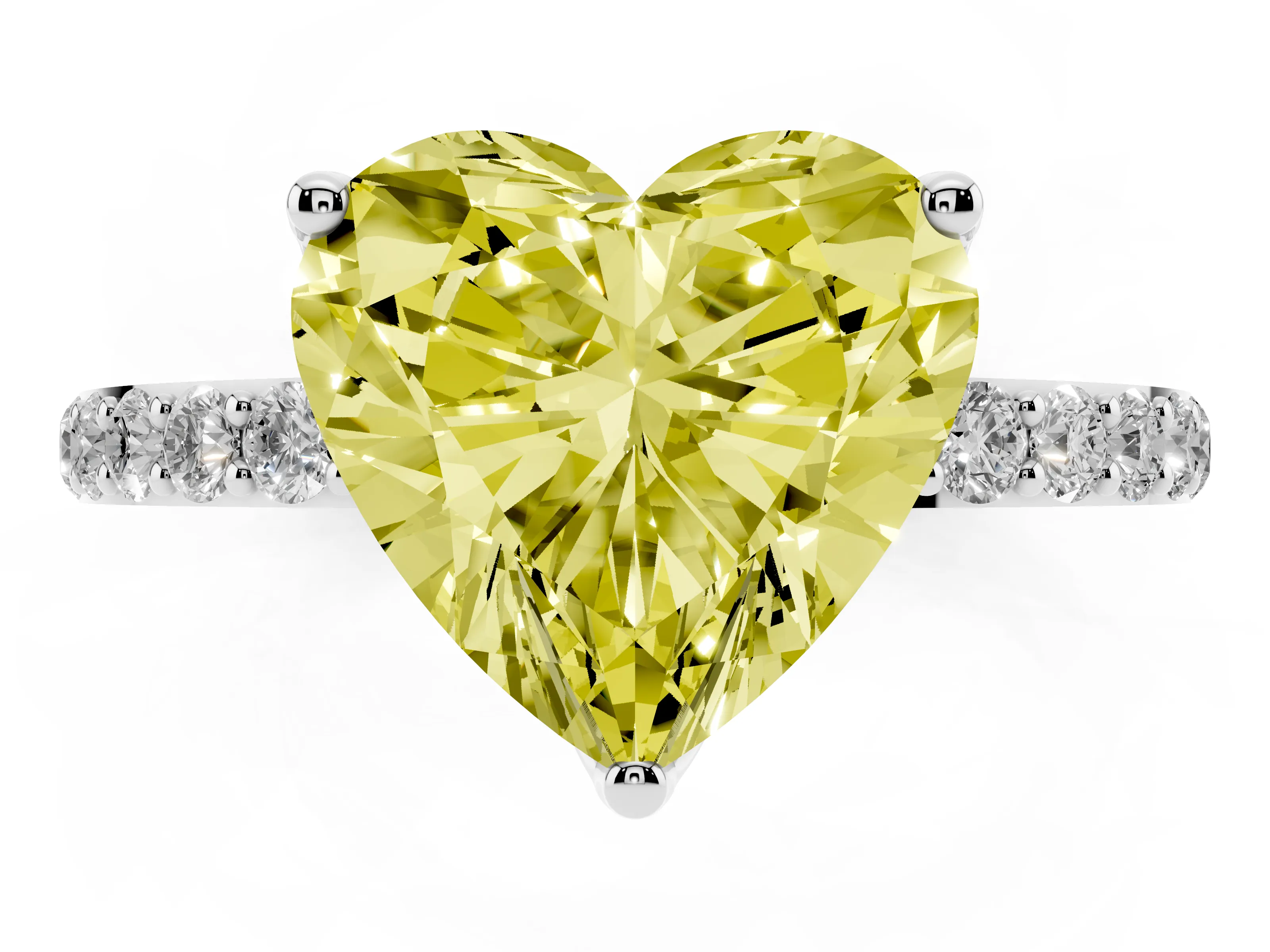 Fancy Yellow Heart Cut Diamond Solitaire Engagement Ring Set in Platinum with Round Pavé Band and Prong Setting