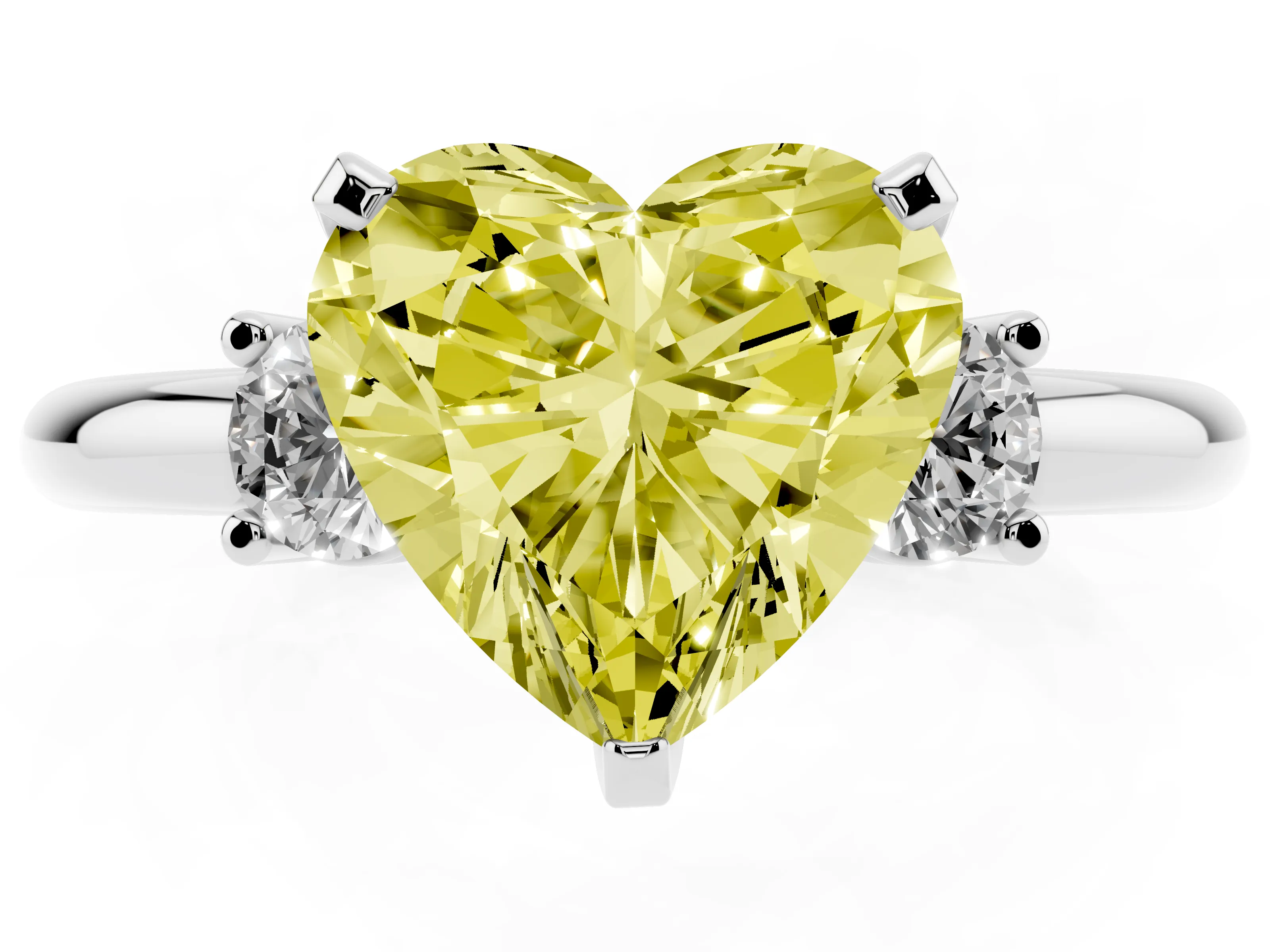 Fancy Yellow Three-Stone Heart Cut Diamond Ring Set in Silver with Prong Setting and Plain Band