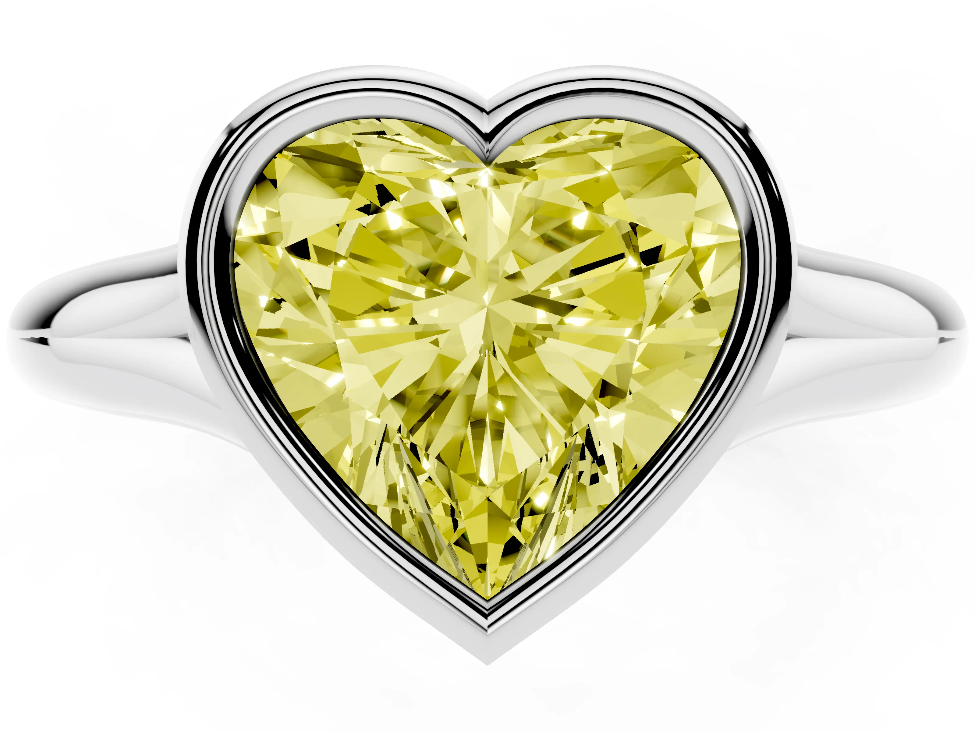 Fancy Yellow Bezel Set Heart Cut Diamond Solitaire Ring Set in White gold with Smooth Band