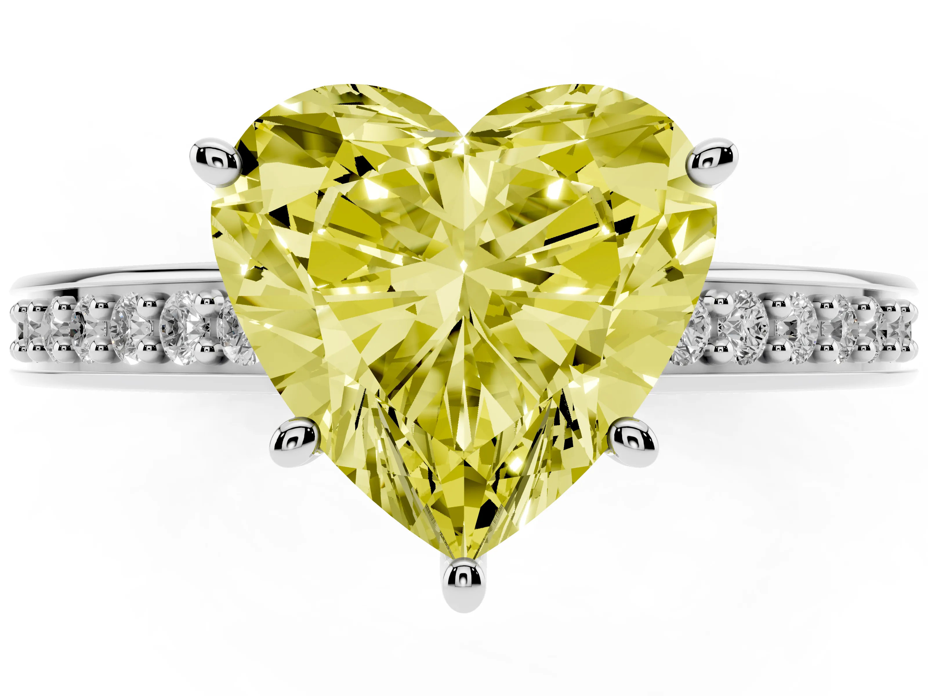 Fancy Yellow Heart Cut Diamond Pavé Band Prong Set Solitaire Ring Set in Platinum