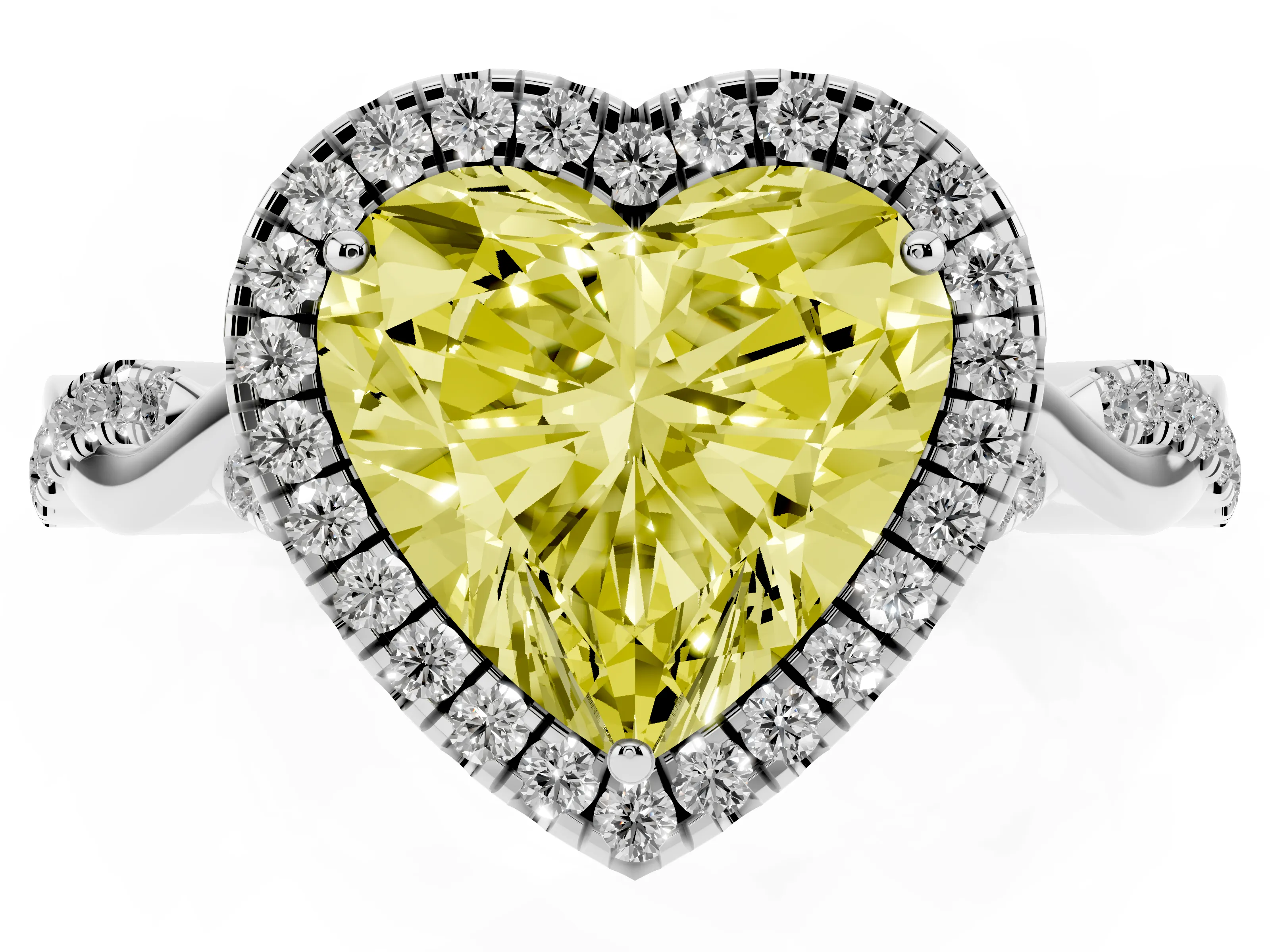 Fancy Yellow Heart Cut Diamond Halo Twist Band Solitaire Ring Set in White gold with Prong Setting