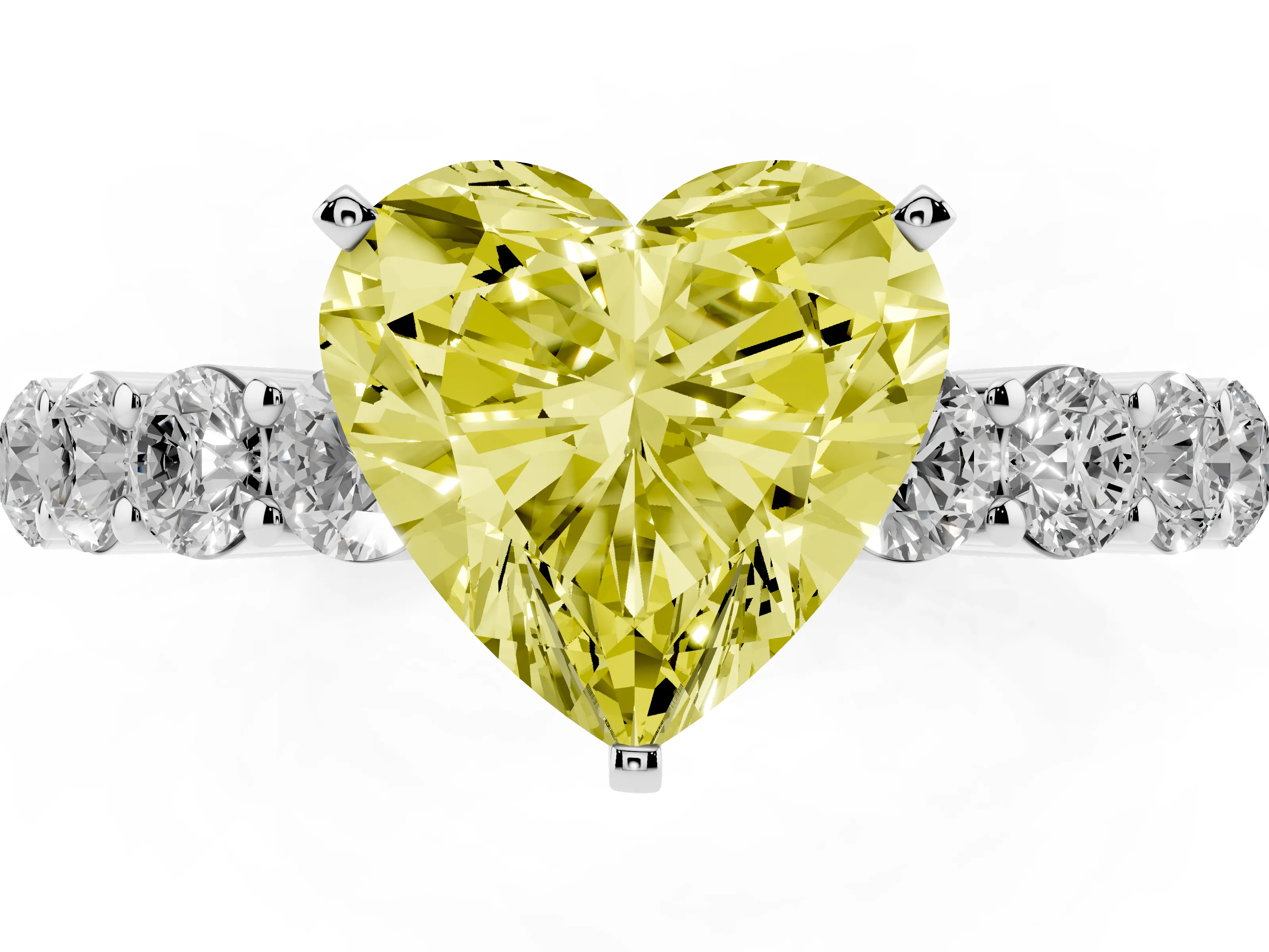 Fancy Yellow Heart Cut Diamond Solitaire Ring Set in White gold with Shared Prong Round Side Stones