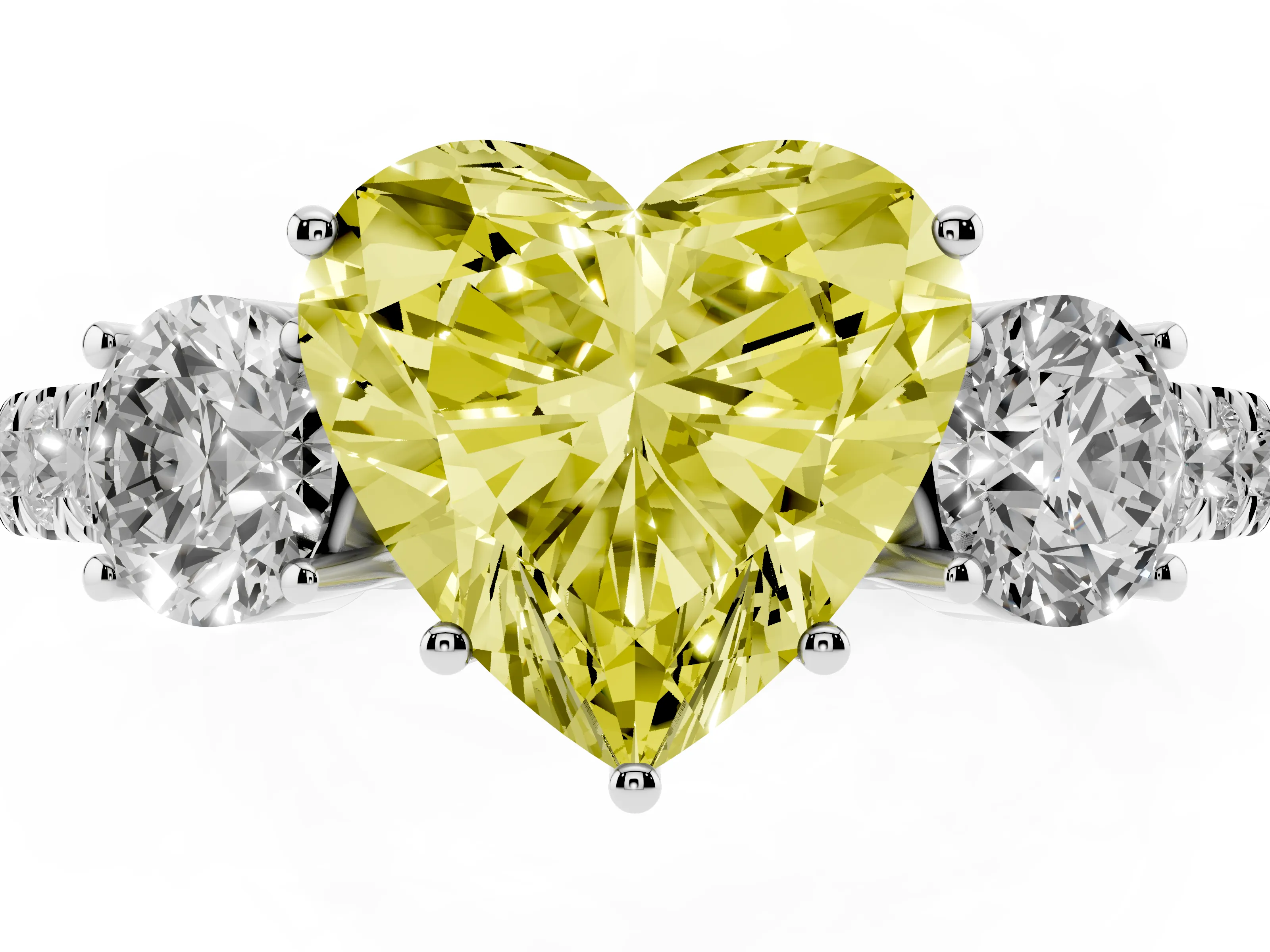 Fancy Yellow Heart Cut Diamond Three-Stone Ring Set in White gold with Round Side Stones and Delicate Pavé Band