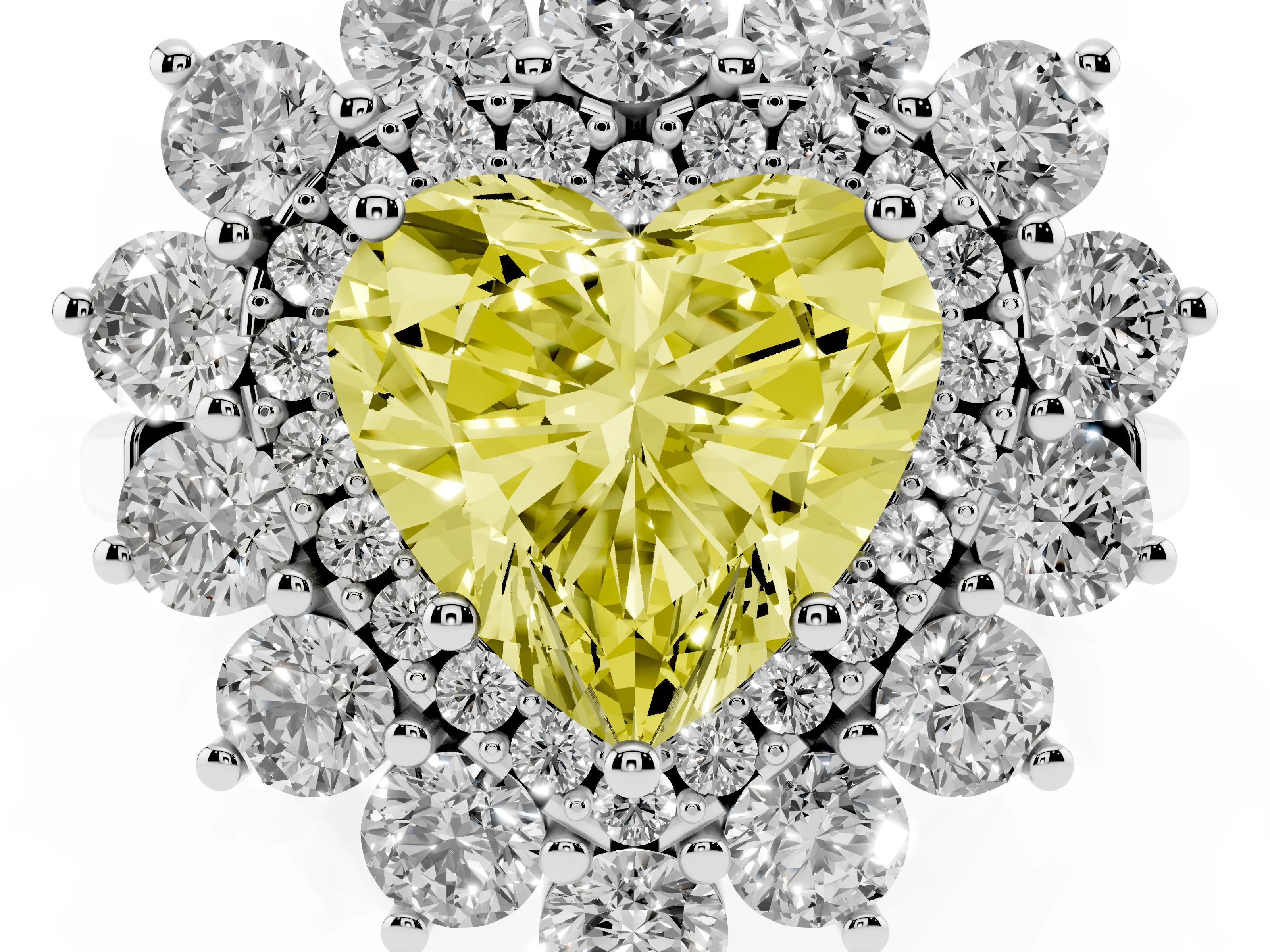 Fancy Yellow Heart Cut Diamond Floral Double Halo Ring Set in Silver with Round Petals