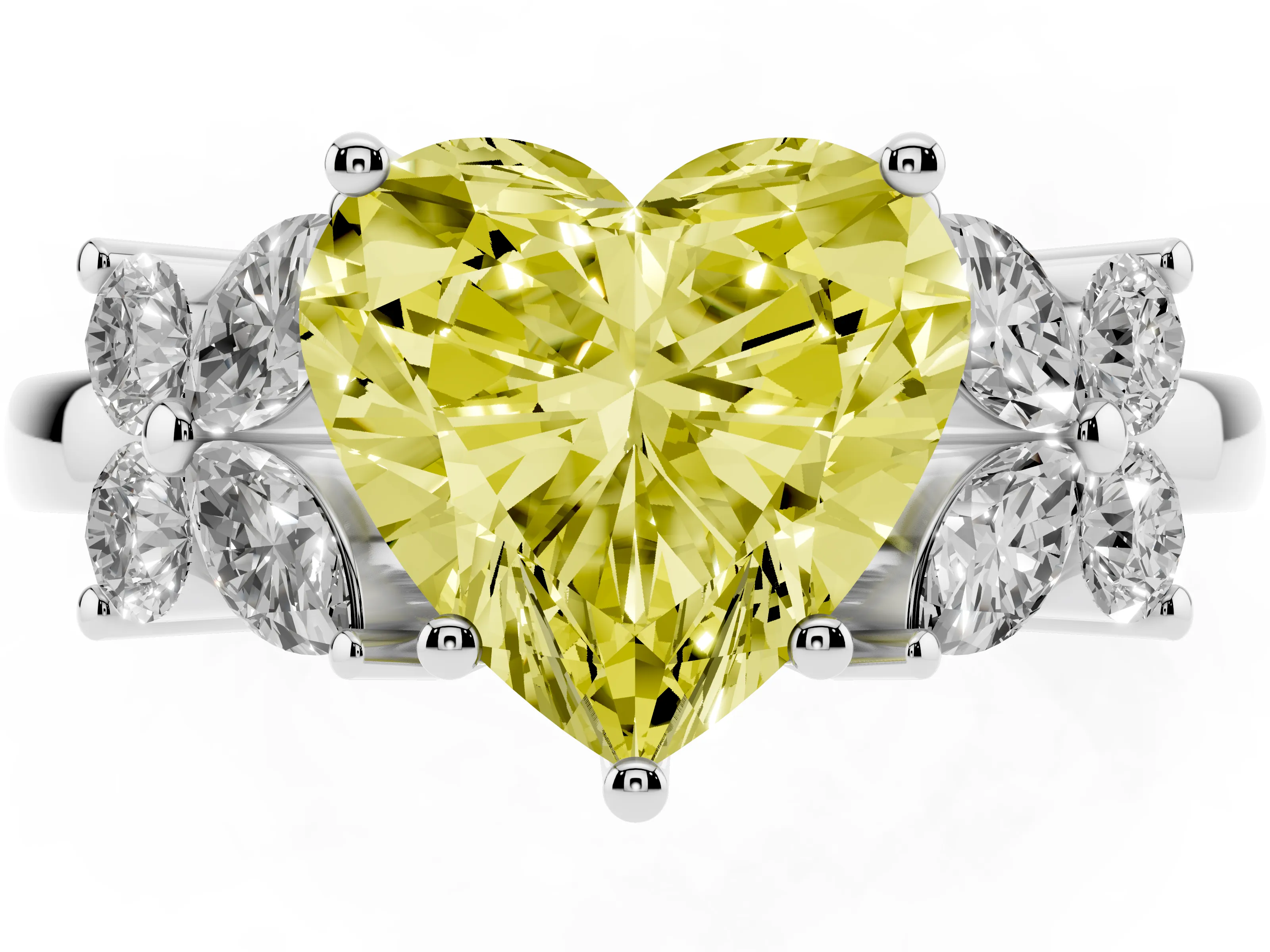 Fancy Yellow Heart Cut Diamond Floral Cluster Ring Set in Platinum with Marquise Petals and Prong Setting