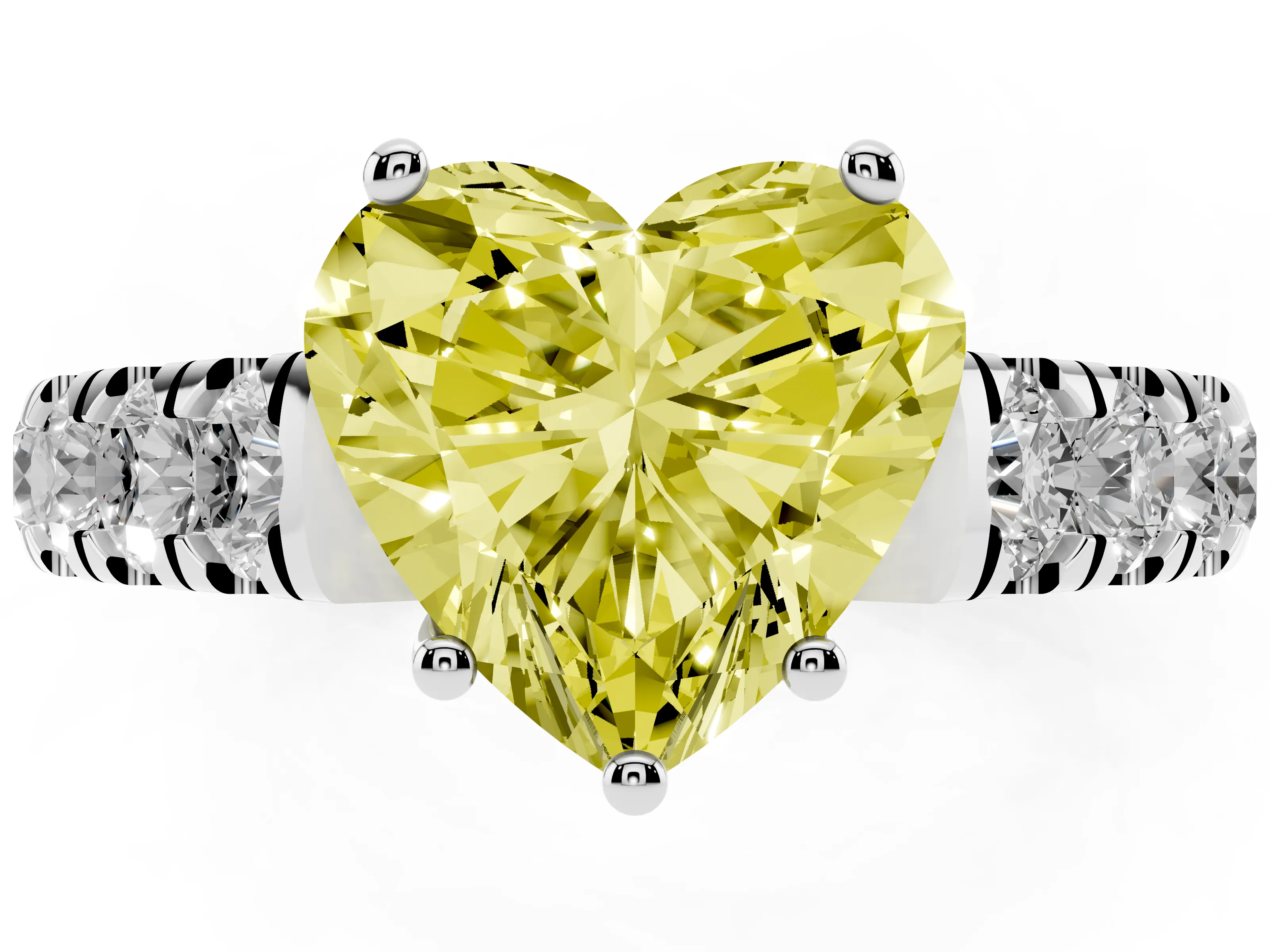 Fancy Yellow Heart Cut Diamond Solitaire Ring Set in White gold with Cut-Down Micro Pavé Band and Prong Setting
