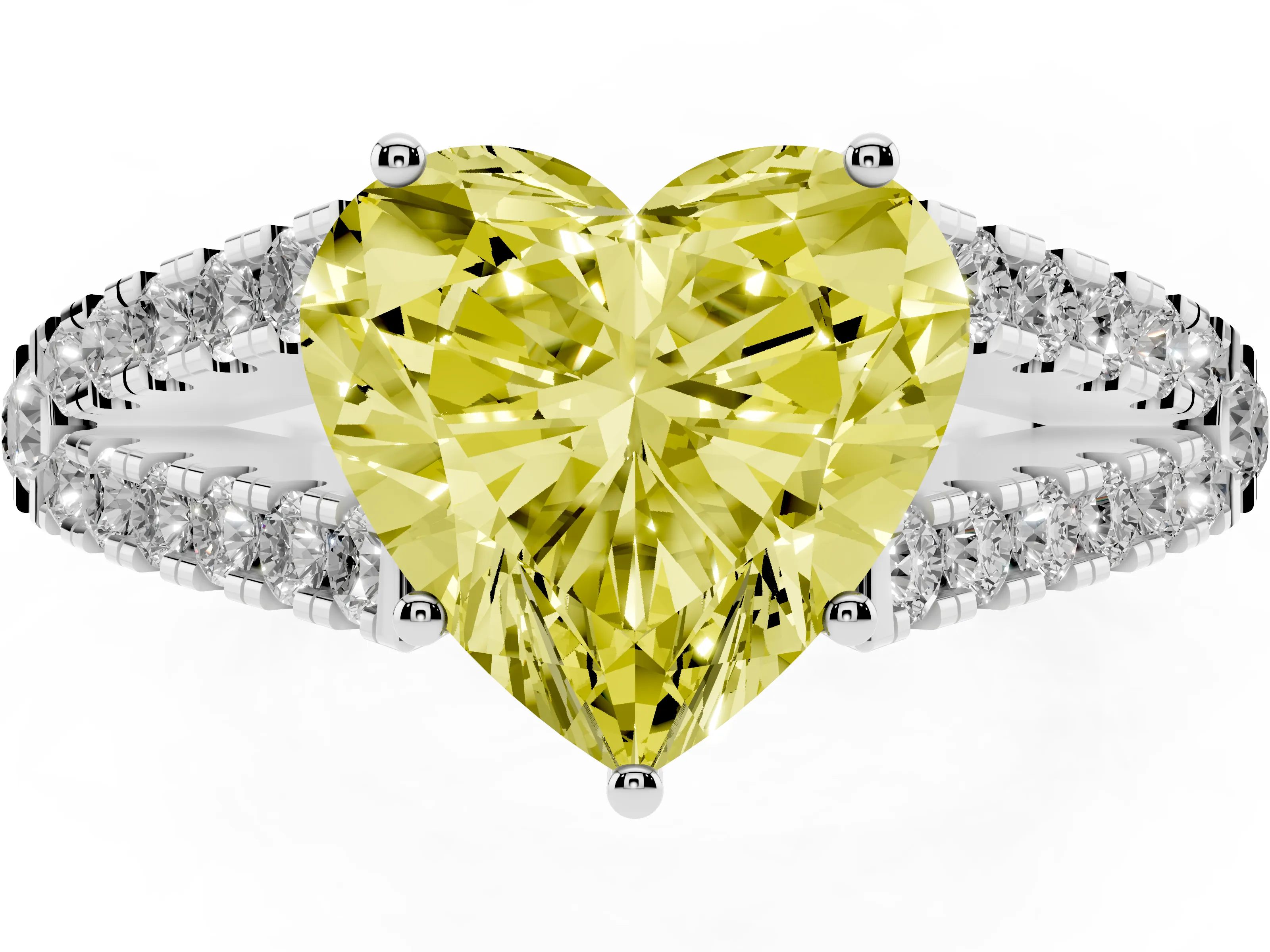 Fancy Yellow Heart Cut Diamond Split Shank Pavé Engagement Ring Set in Platinum with Prong-Held Center Stone