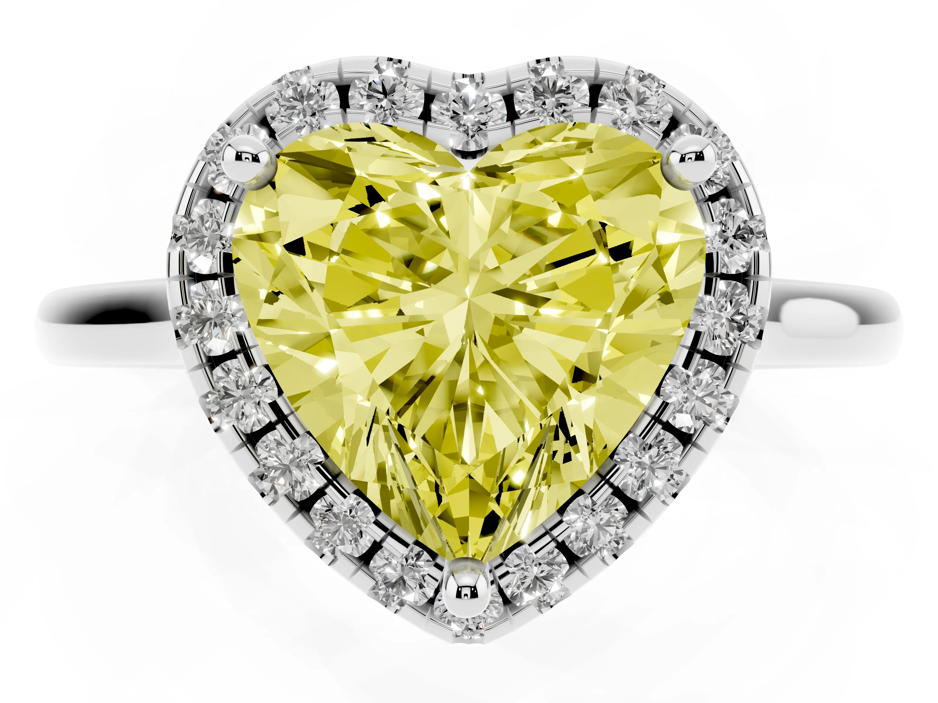 Fancy Yellow Heart Cut Diamond Halo Engagement Ring Set in White gold with Pavé Band and Rising Shoulders