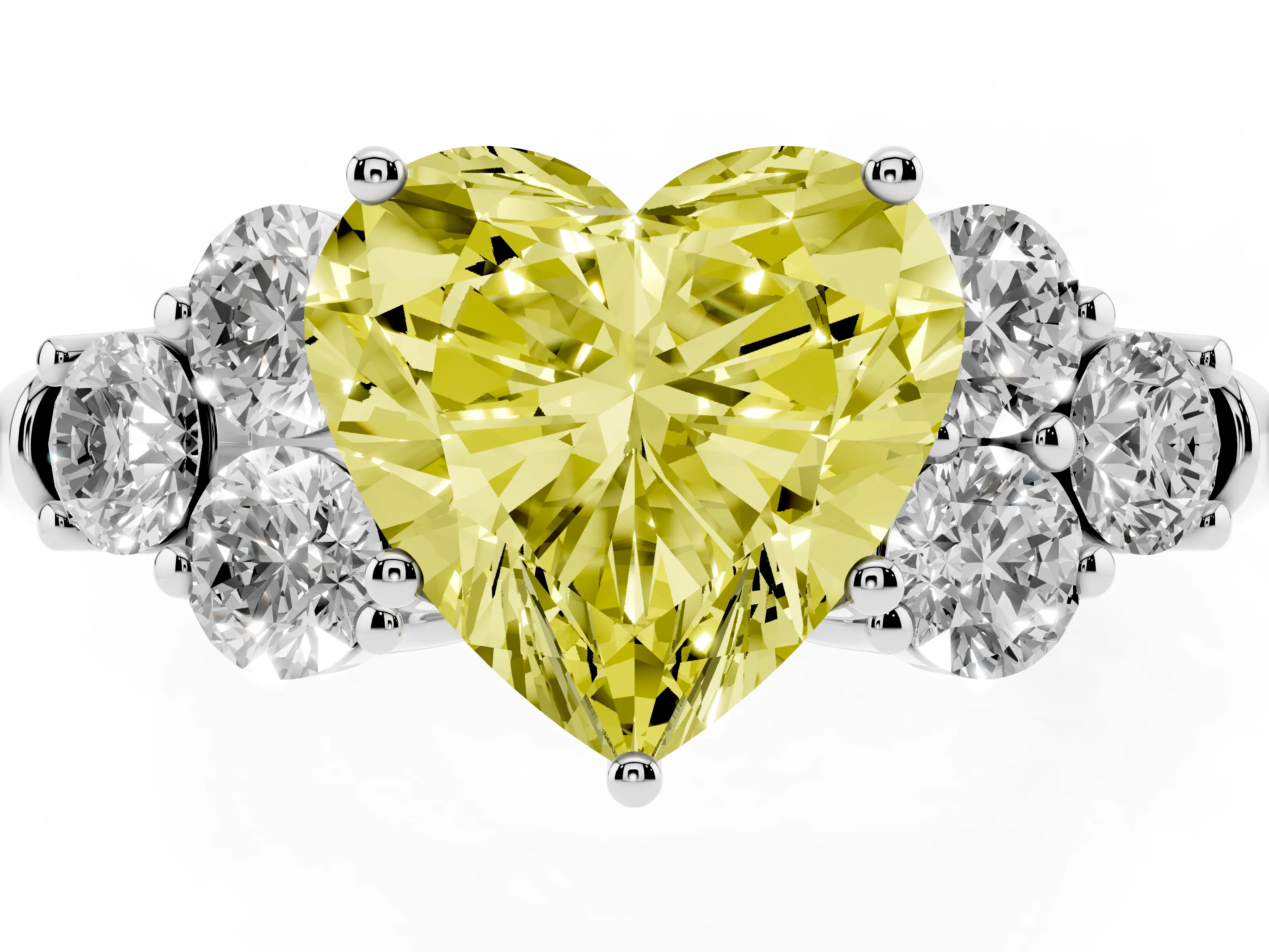 Fancy Yellow Heart Cut Diamond Cluster Ring Set in Silver with Round Accent Stones and Prong Setting on a Plain Band