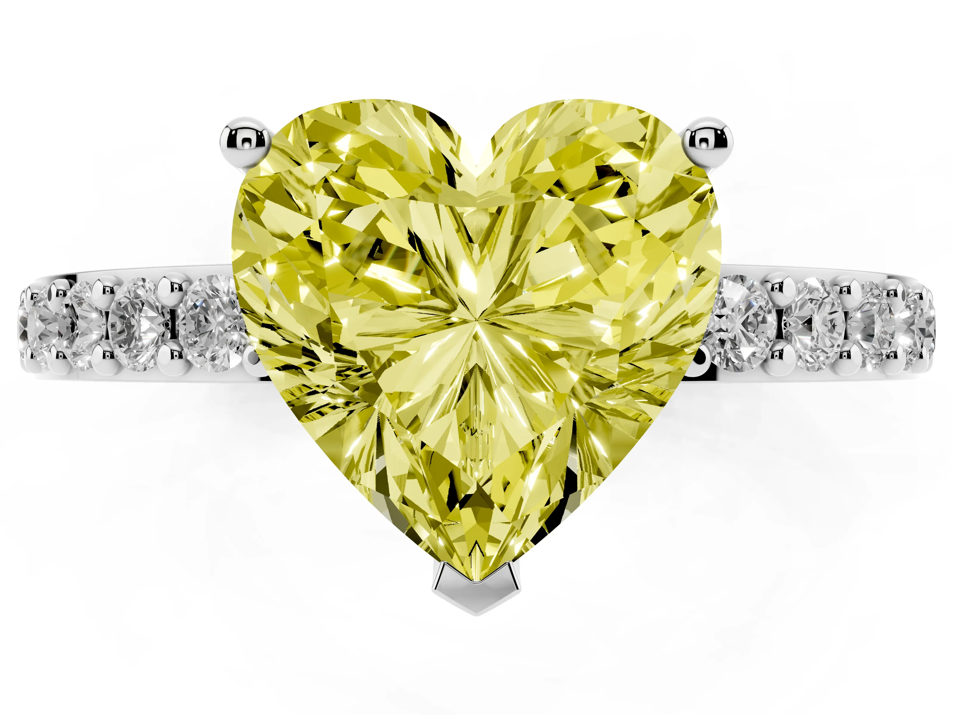 Fancy Yellow Heart Cut Diamond Solitaire Set in White gold with Round Pavé Band and Prong Setting