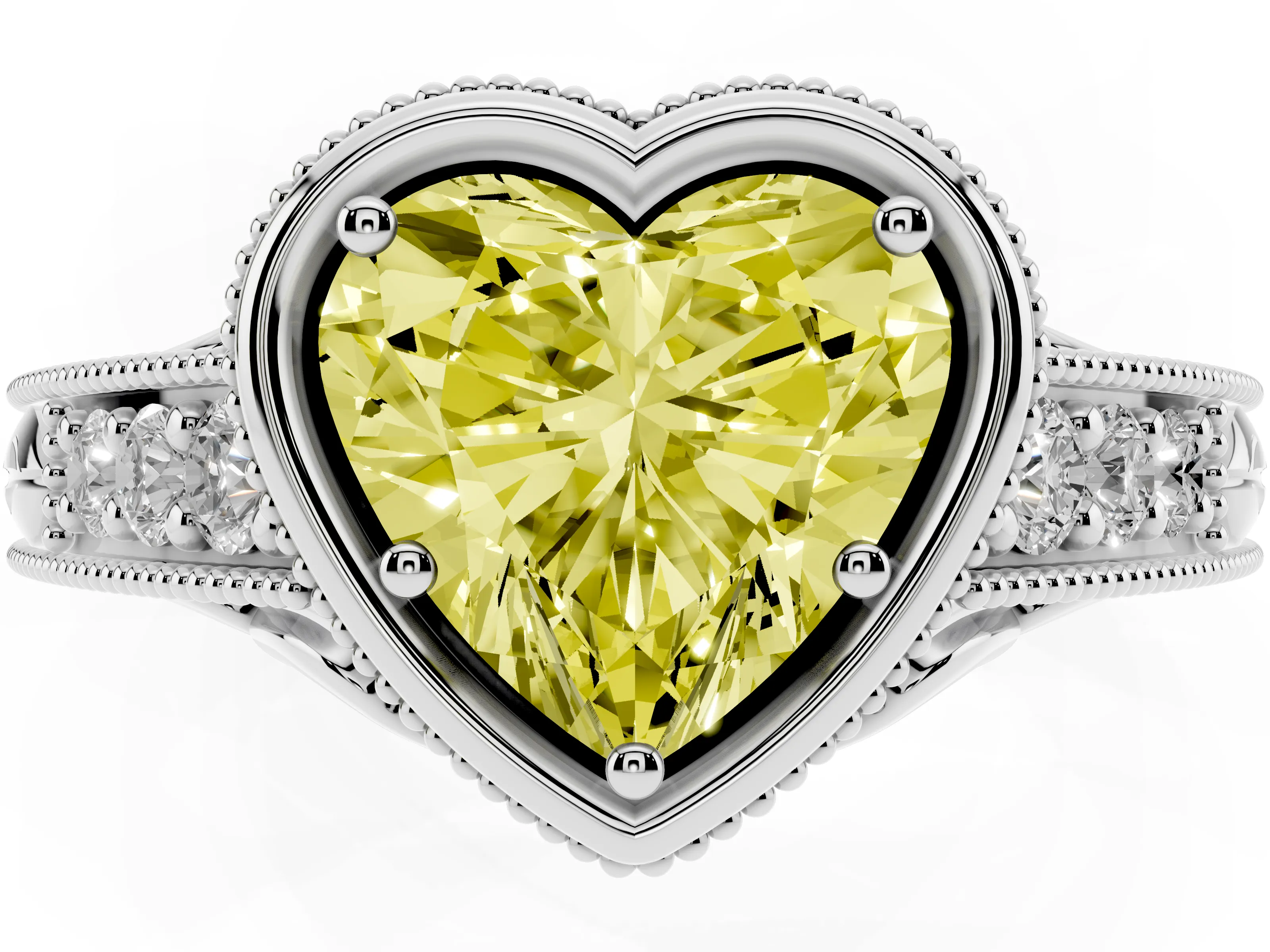 Fancy Yellow Bezel Set Heart Cut Diamond Milgrain Pavé Engagement Ring Set in Silver