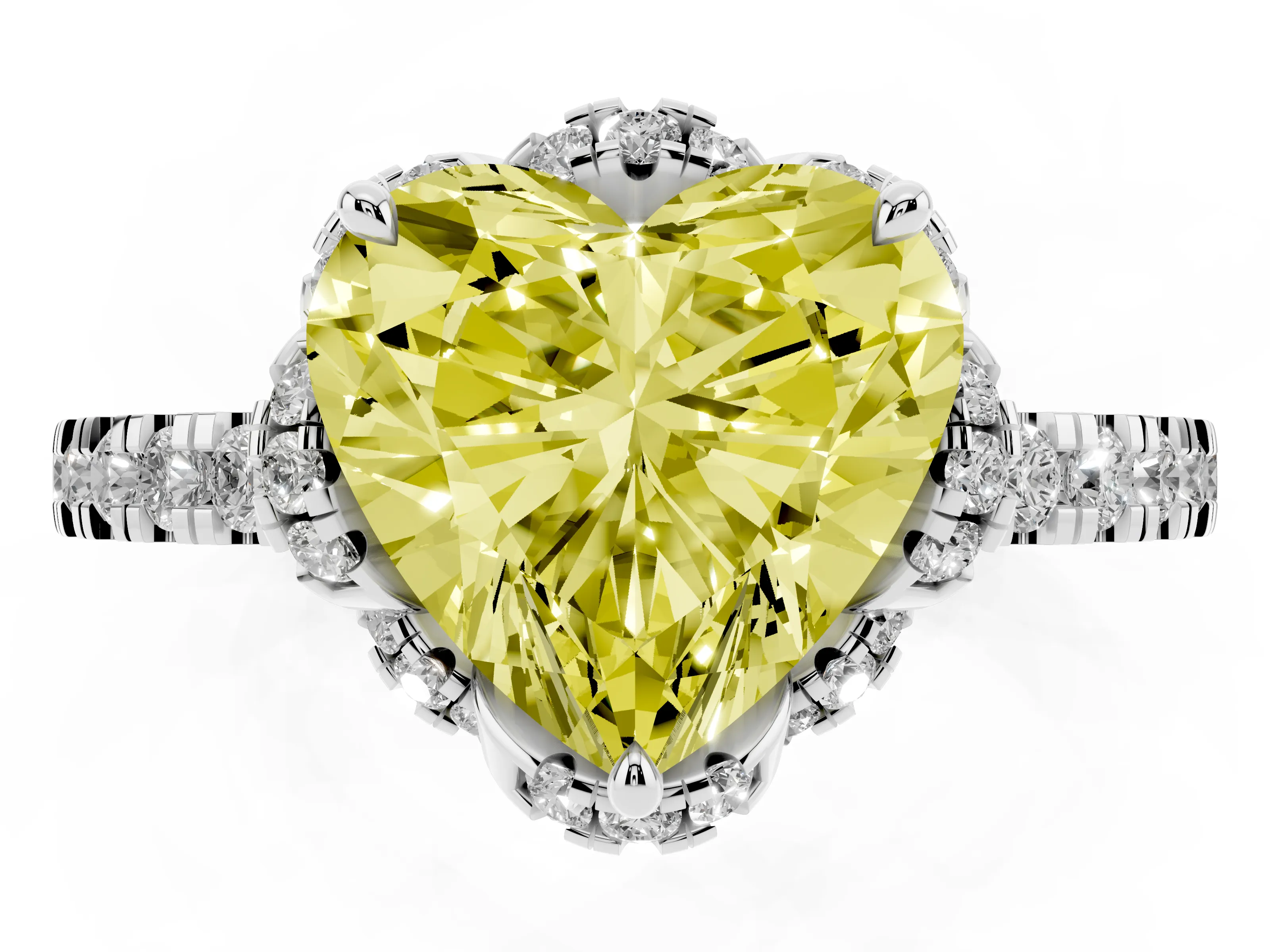 Fancy Yellow Heart Cut Diamond Halo Pavé Band Ring Set in White gold with Prong-Held Center