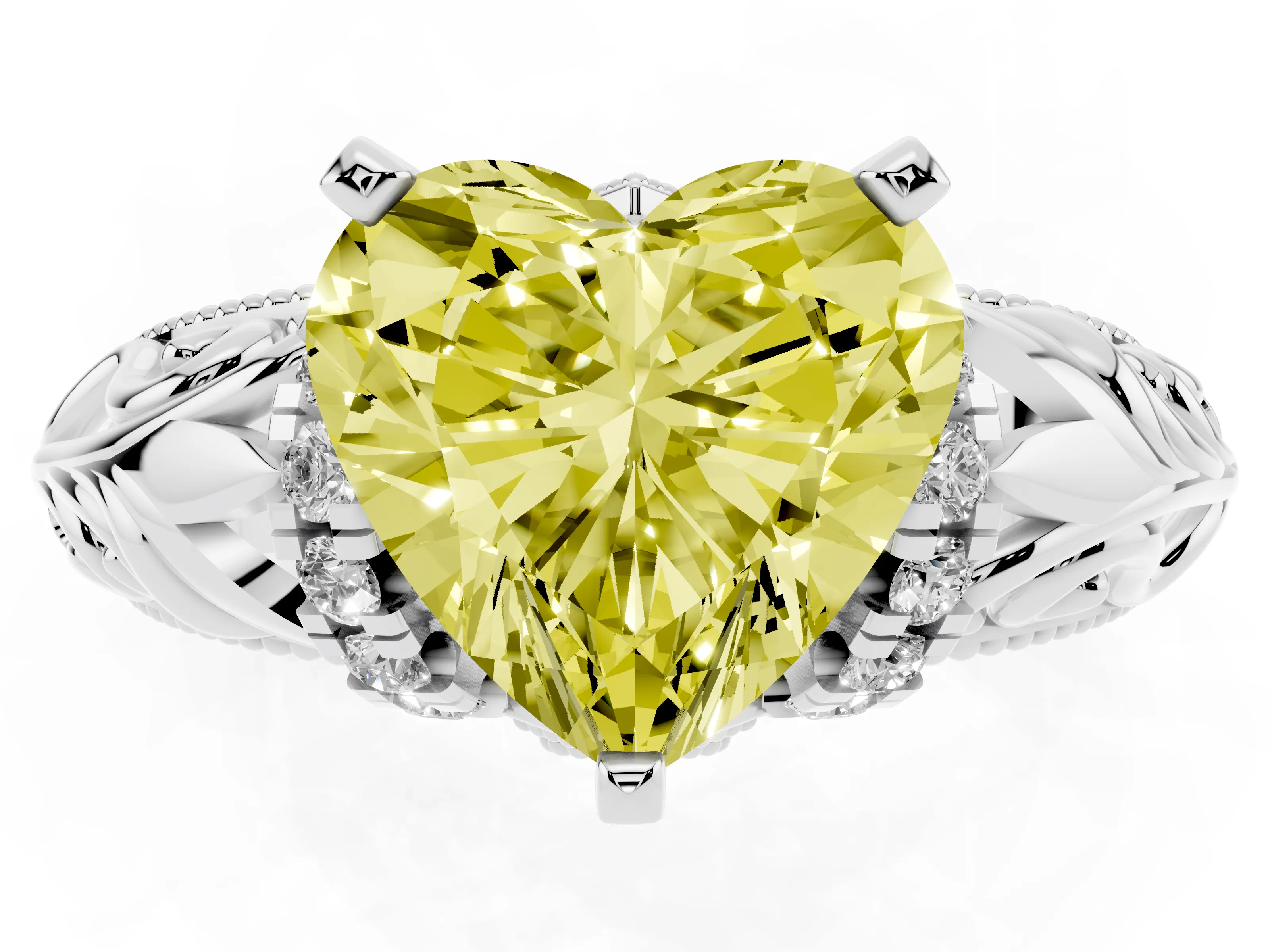 Fancy Yellow Heart Cut Diamond Filigree Halo Engagement Ring Set in Silver with Prong Setting