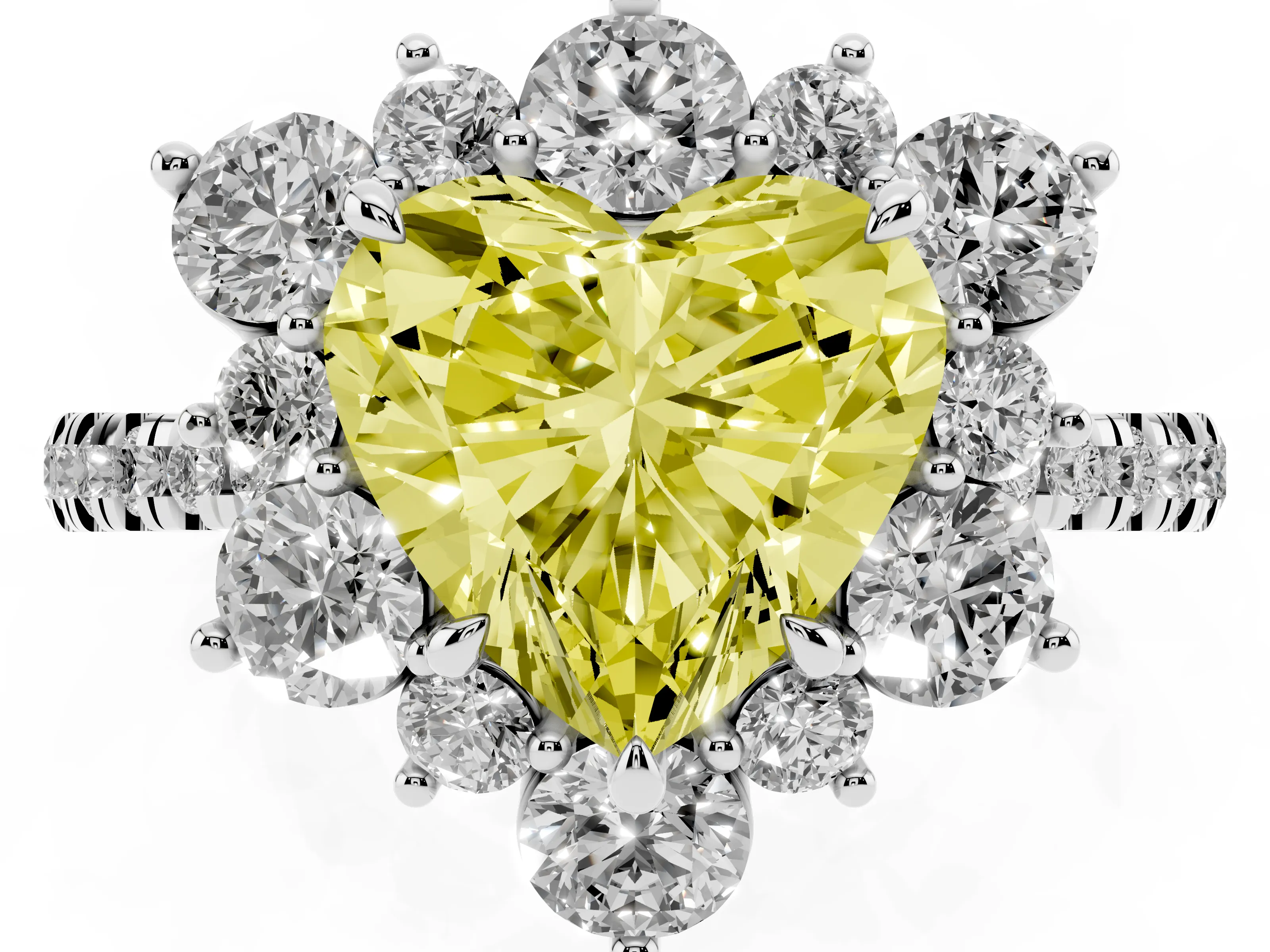 Fancy Yellow Heart Cut Diamond Floral Halo Ring Set in White gold with Round Pavé Band and Prong Setting