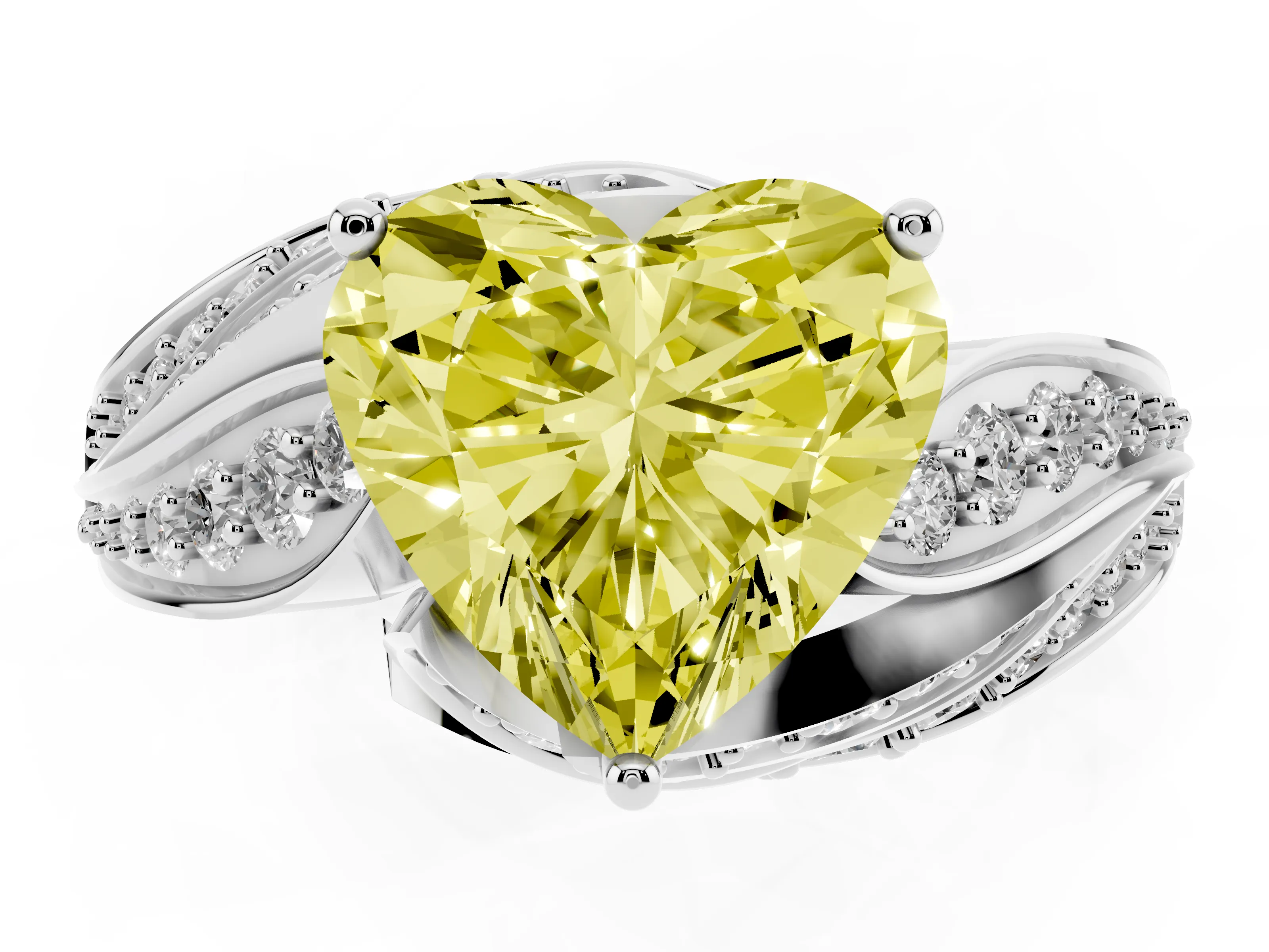 Fancy Yellow Heart Cut Diamond Solitaire Ring Set in Platinum with Layered Twist Pavé Band
