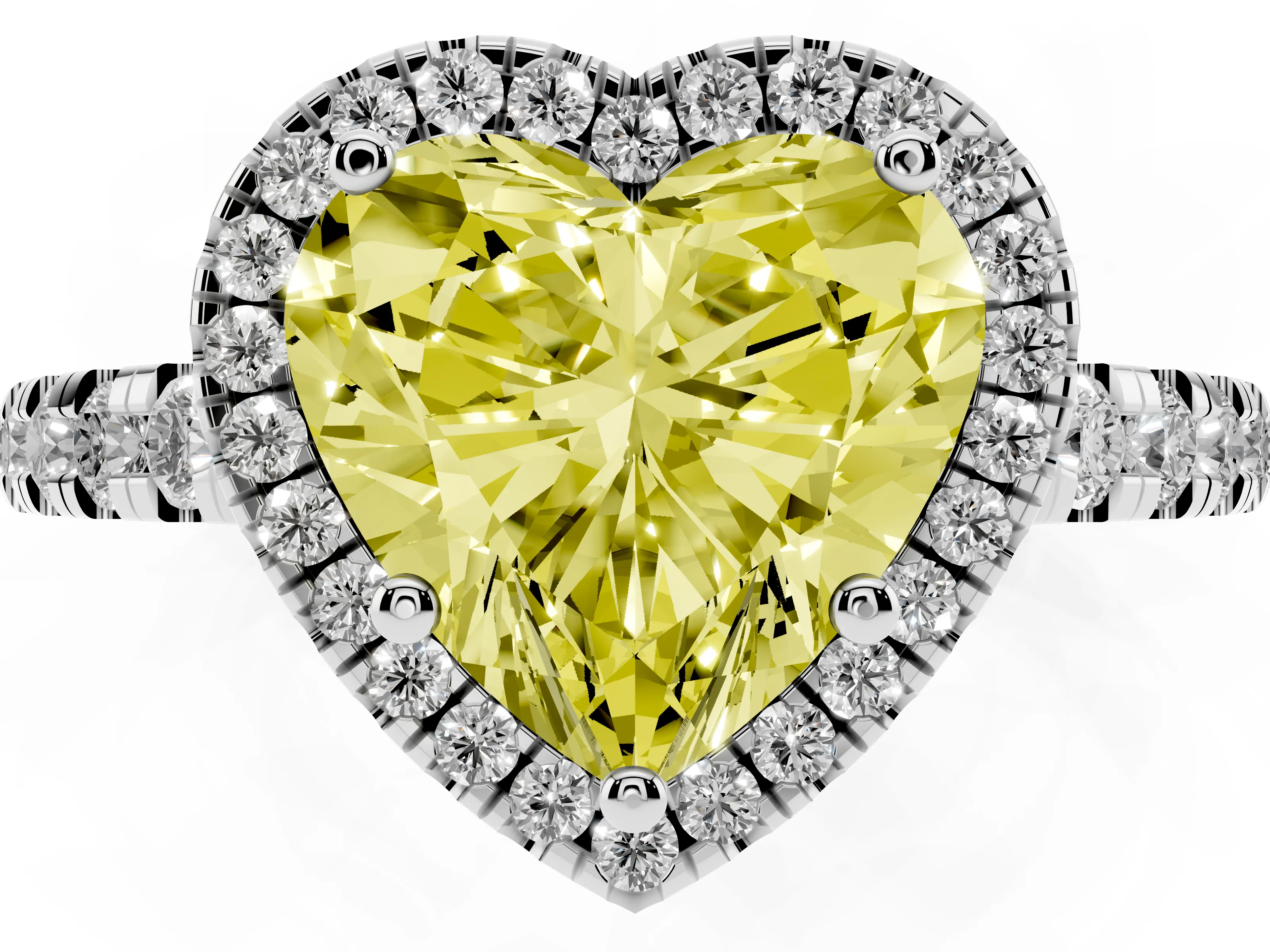 Fancy Yellow Heart Cut Diamond Halo Ring Set in Platinum with Delicate Pavé Band and Prong Setting