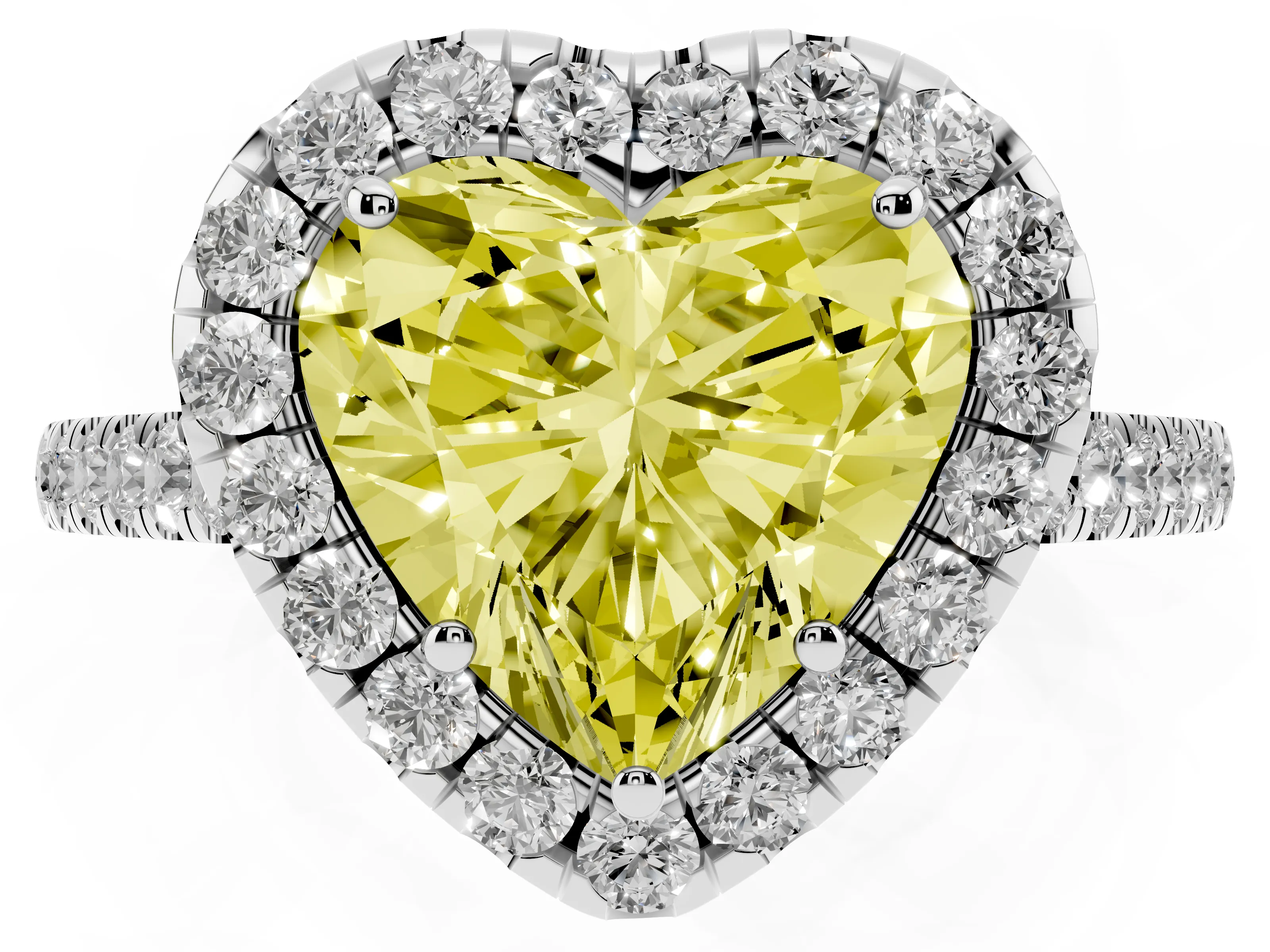 Fancy Yellow Heart Cut Diamond Halo Pavé Engagement Ring Set in Silver with Prong Setting