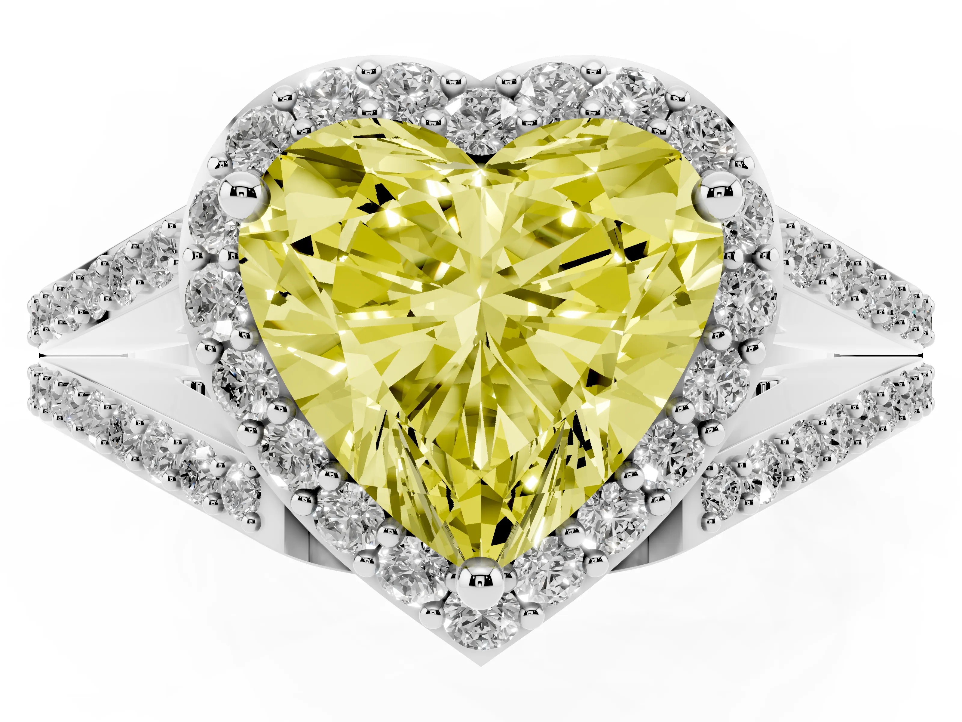 Fancy Yellow Heart Cut Diamond Halo Split Shank Pavé Ring Set in Silver with Prong Setting