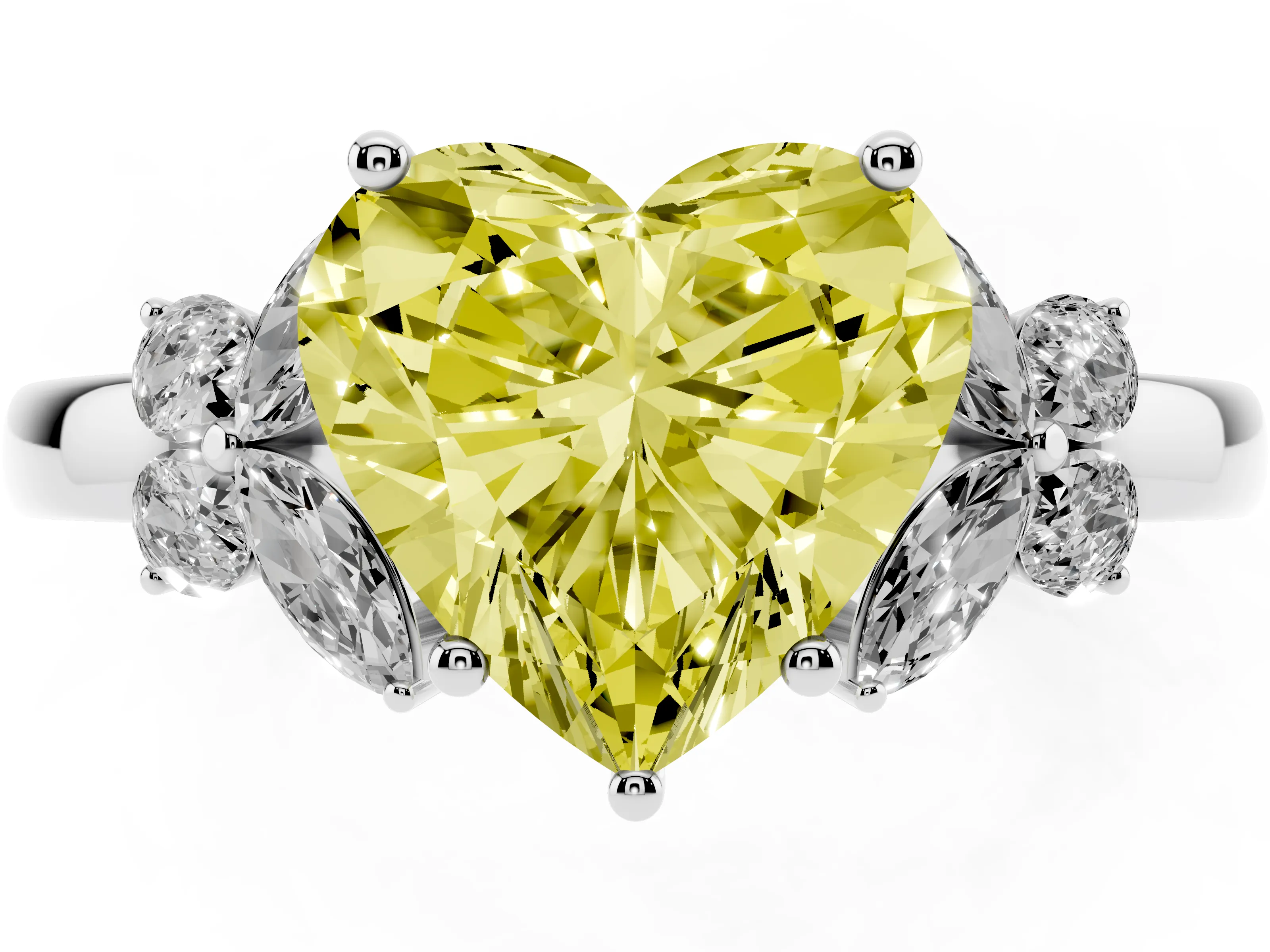 Fancy Yellow Heart Cut Diamond Solitaire Floral Ring Set in Platinum with Marquise Petals and Prong Setting