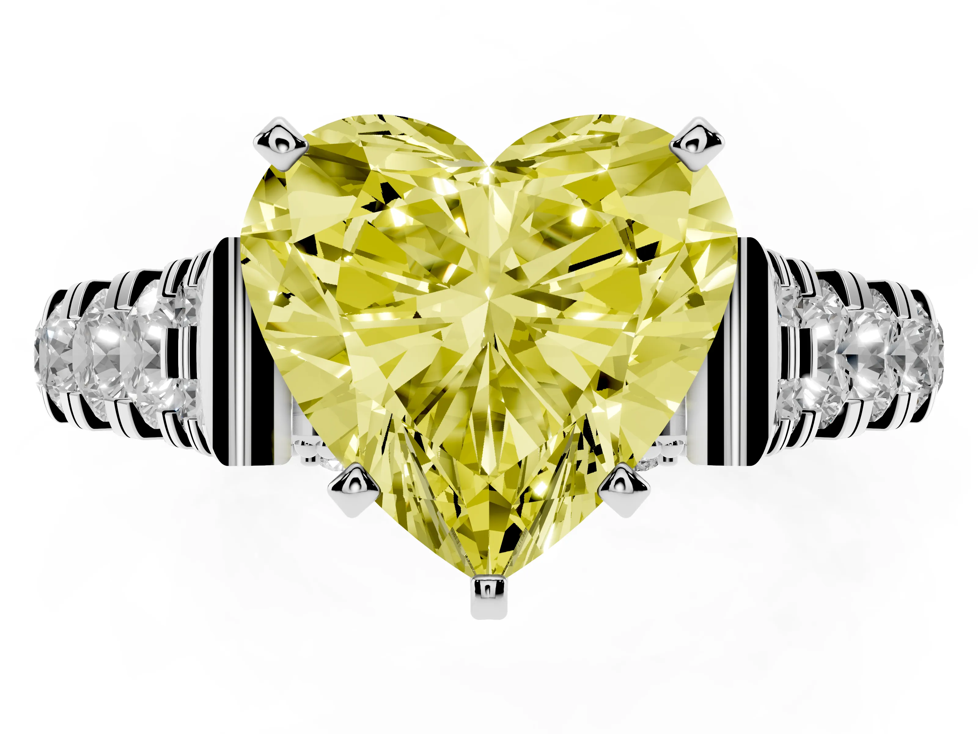 Fancy Yellow Heart Cut Diamond Classic Solitaire Ring Set in Silver with Pavé Band and Prong Setting