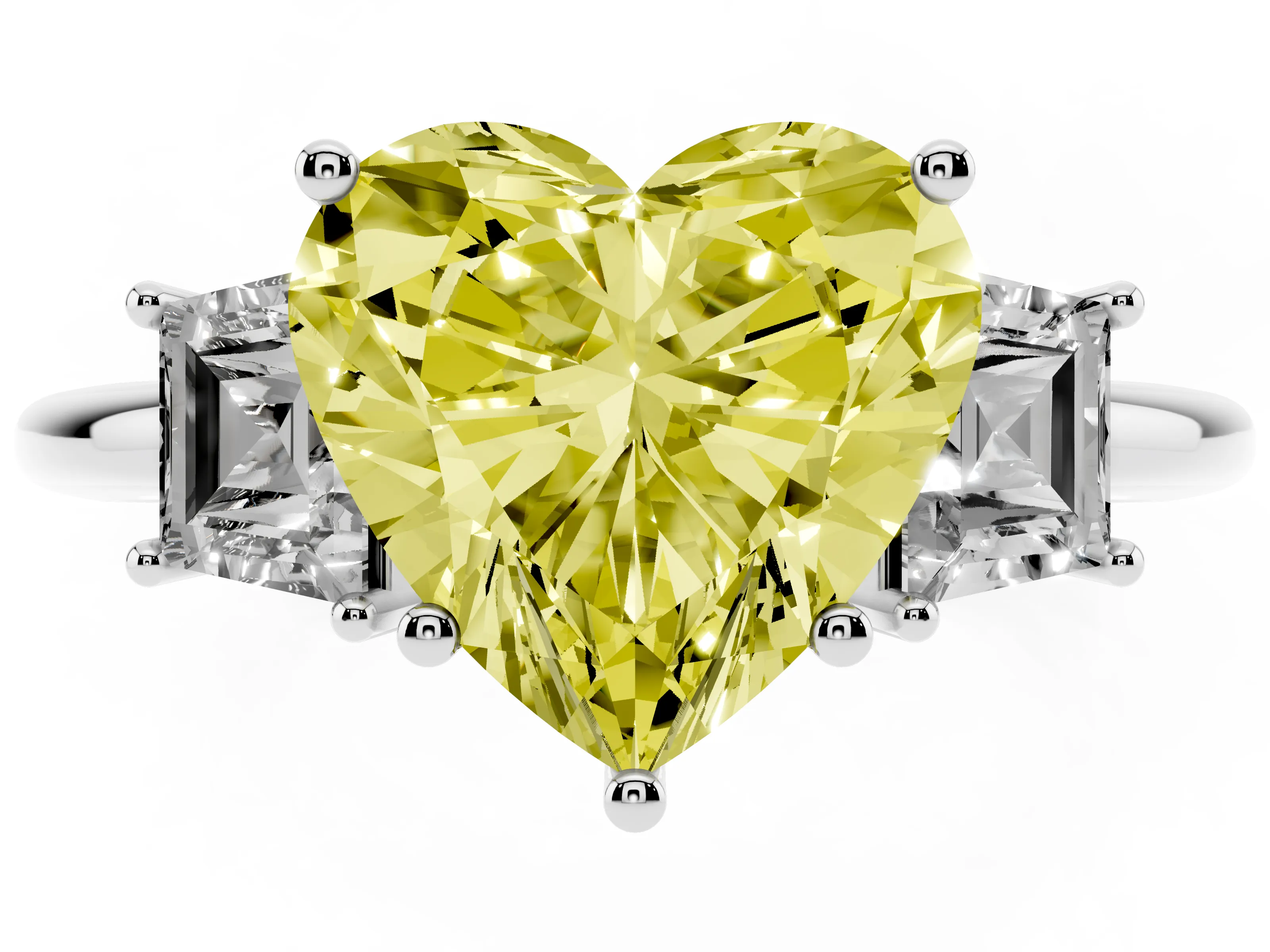 Fancy Yellow Heart Cut Diamond Three-Stone Ring Set in Silver with Trapezoid Side Stones and Prong Setting