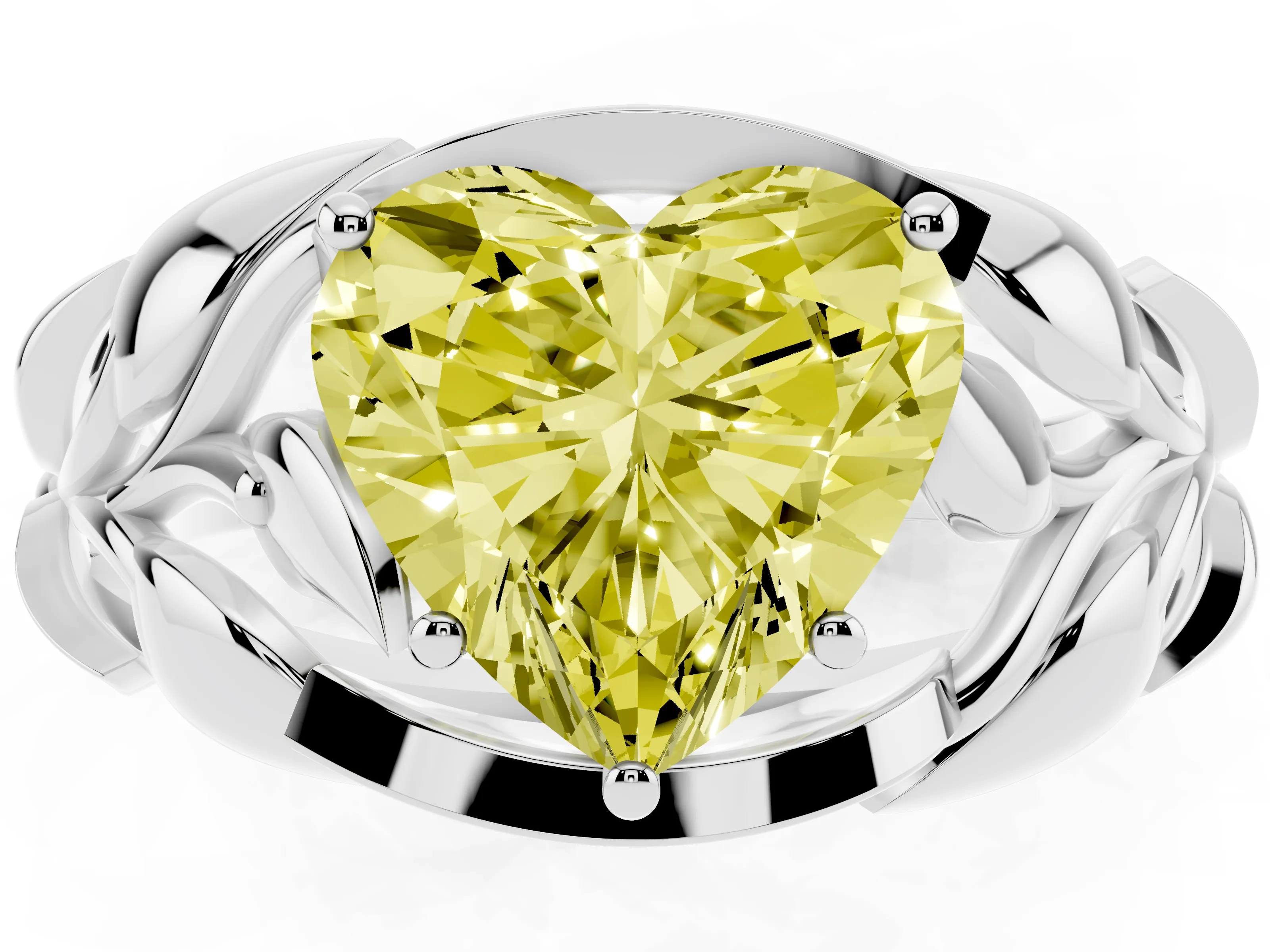 Fancy Yellow Heart Cut Diamond Leaf-Inspired Engagement Ring Set in Platinum with Round Accents
