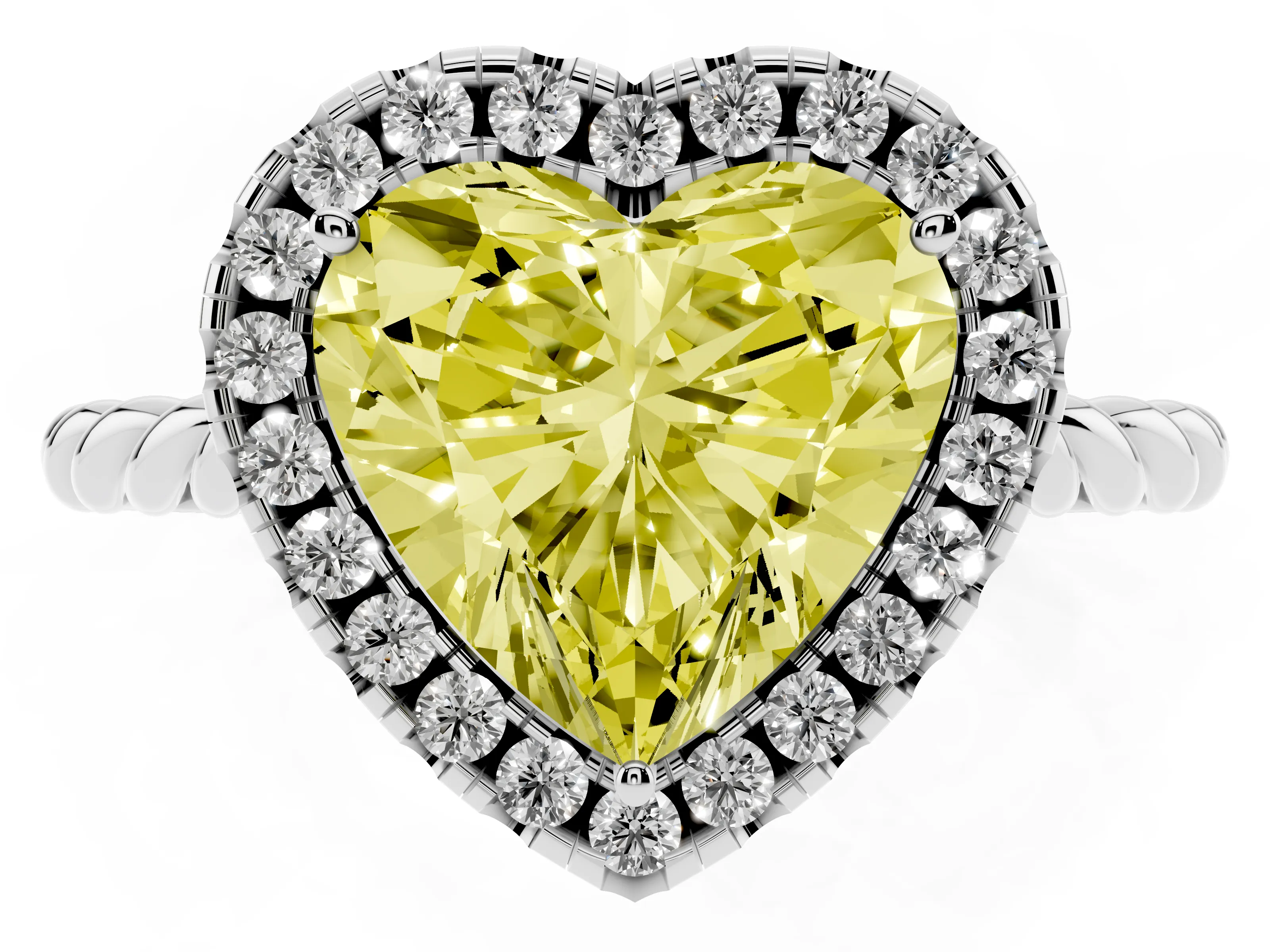 Fancy Yellow Heart Cut Diamond Halo Ring Set in White gold with Plain Twisted Band