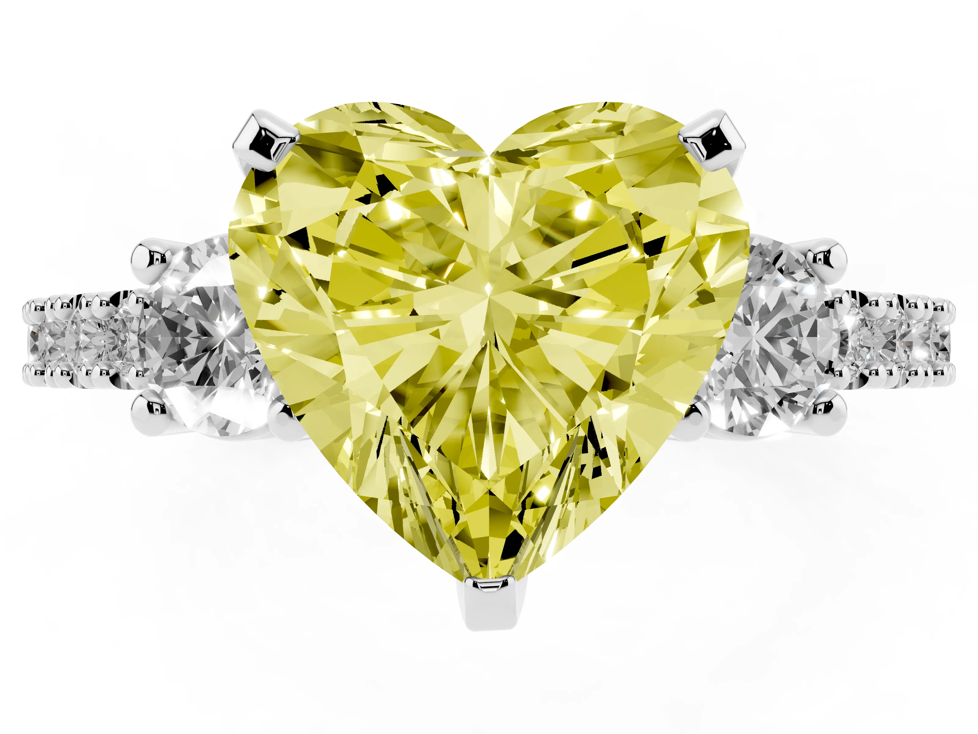 Fancy Yellow Three-Stone Heart Cut Diamond Pavé Band Ring Set in White gold with Prong Setting