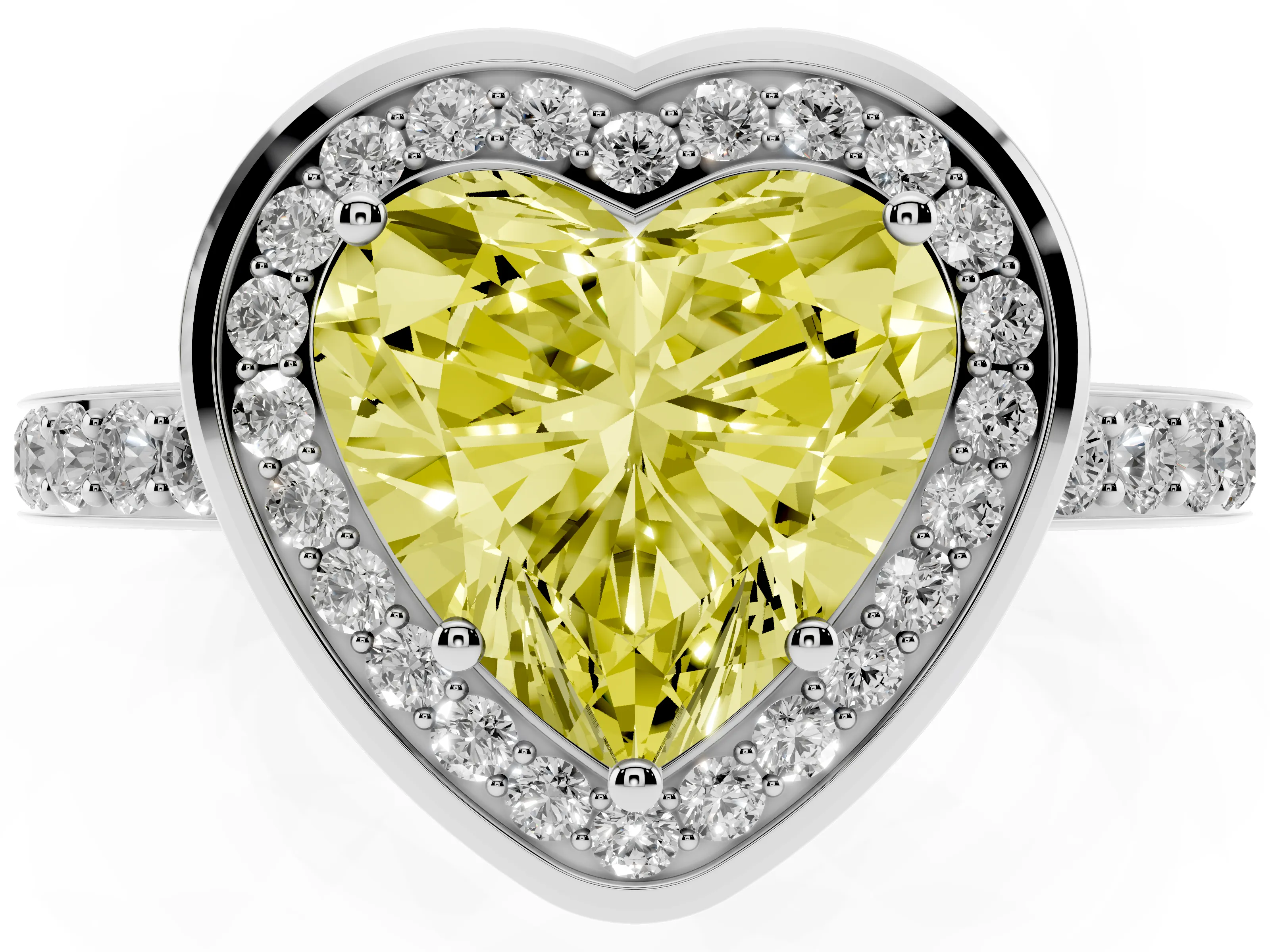 Fancy Yellow Heart Cut Diamond Halo Ring Set in Silver with Bezel Frame and Pavé Band