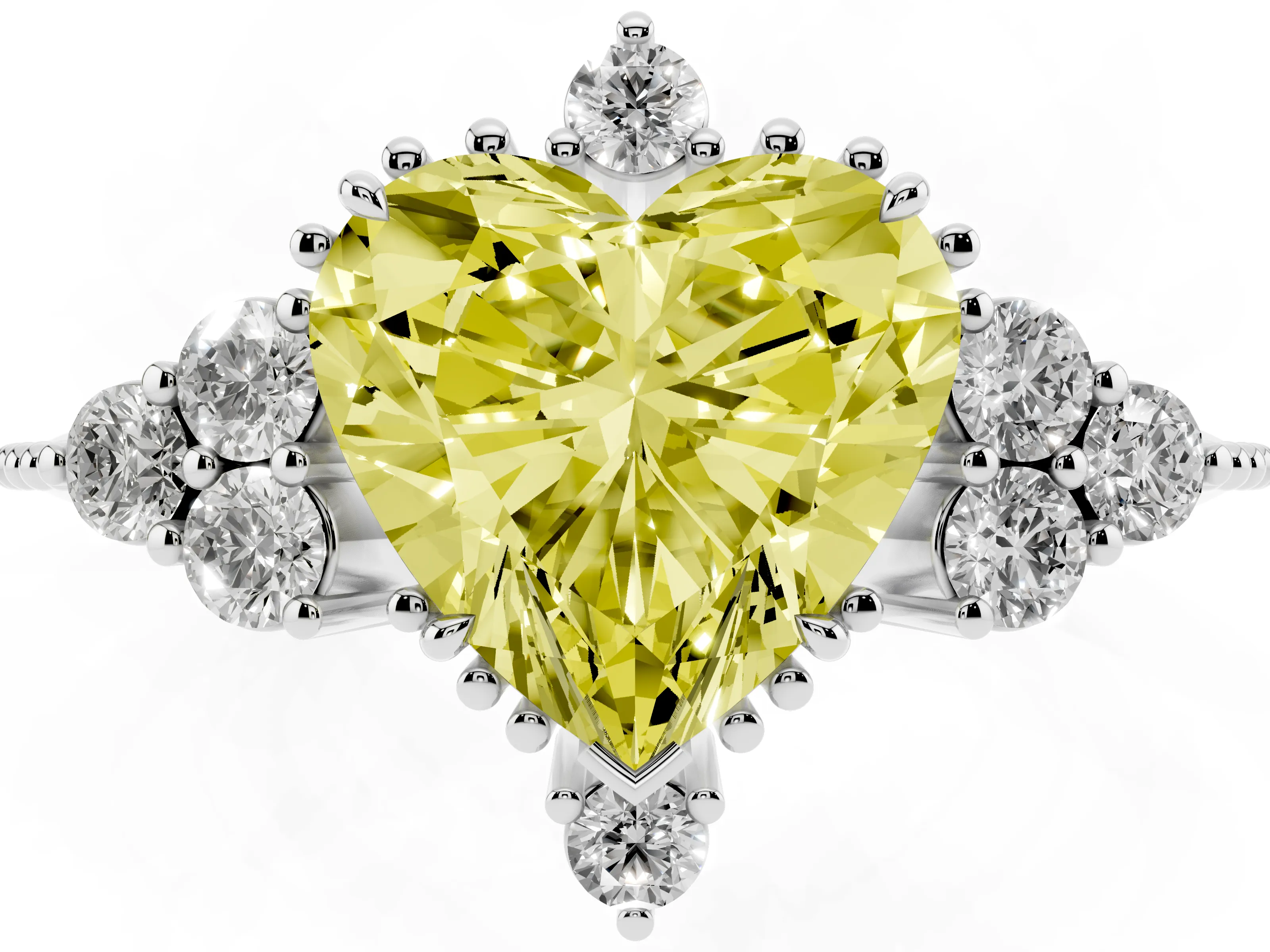 Fancy Yellow Heart Cut Diamond Cluster Ring Set in White gold with Beaded Band