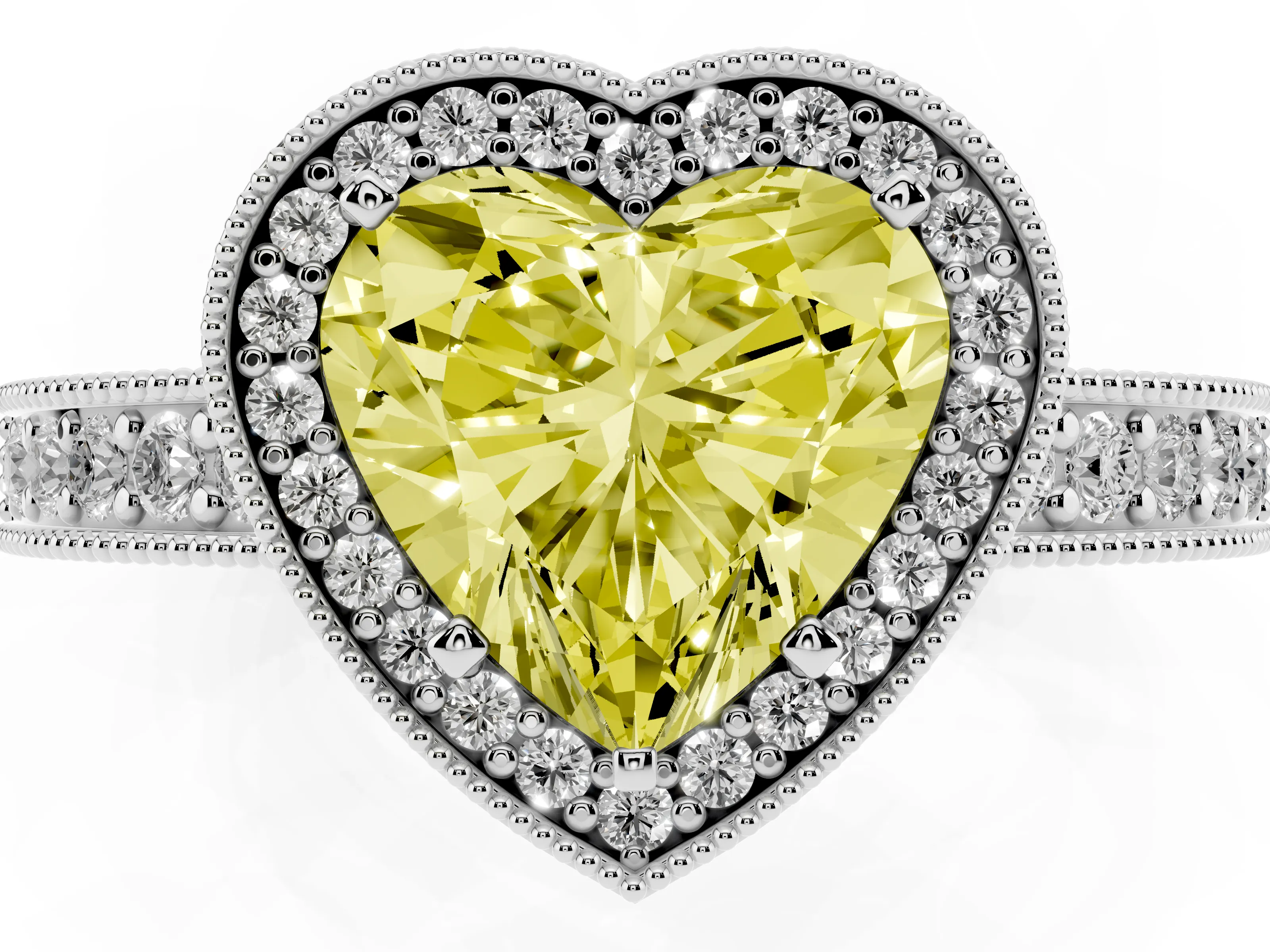 Fancy Yellow Heart Cut Diamond Halo Pavé Band Ring Set in Silver with Prong-Set Center