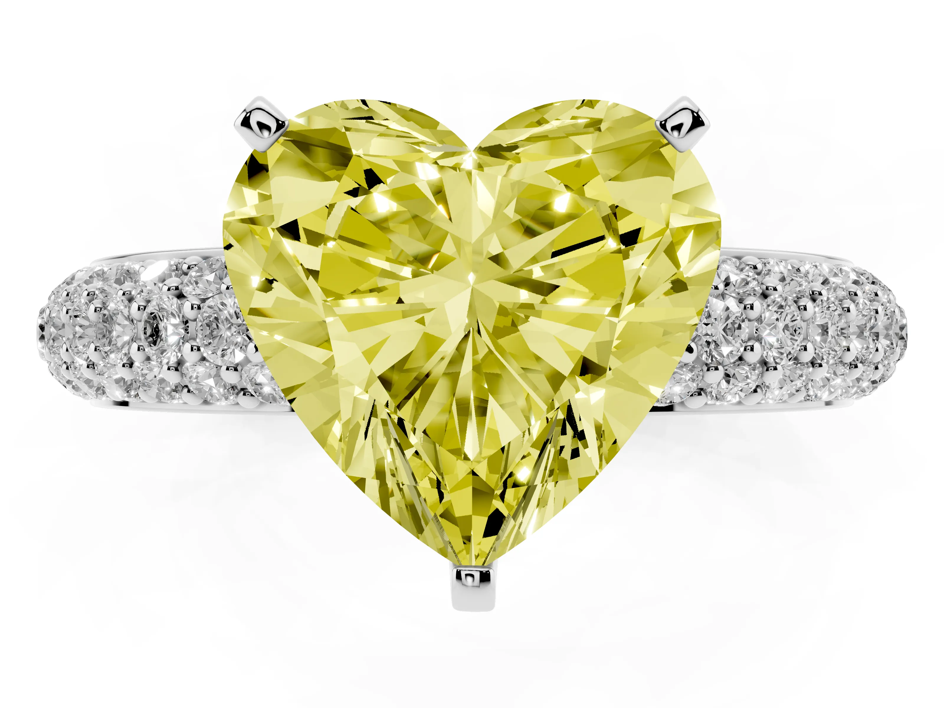 Fancy Yellow Heart Cut Diamond Solitaire Ring Set in White gold with Prong Setting and Pavé-Set Band