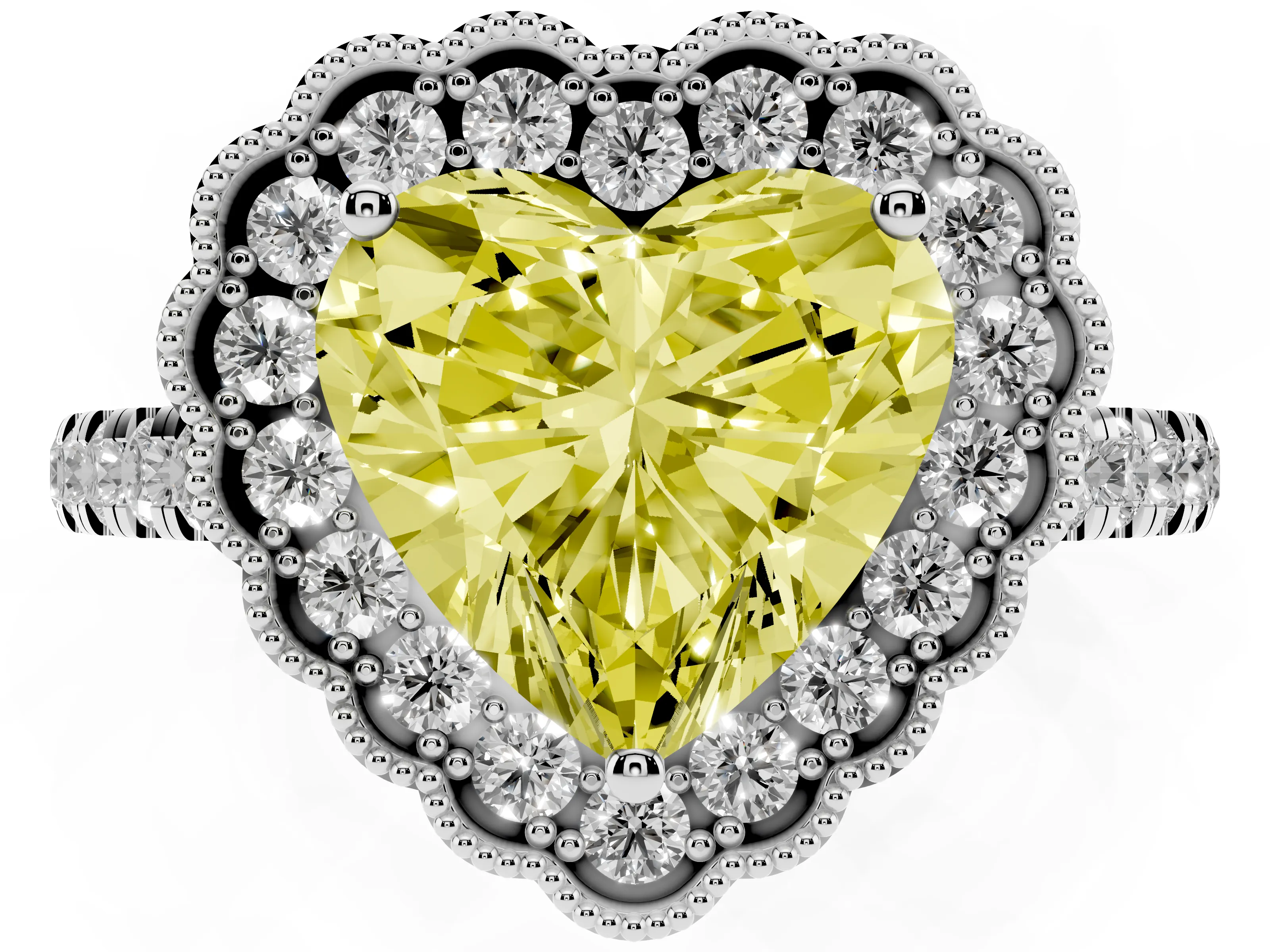 Fancy Yellow Heart Cut Diamond Milgrain Floral Halo Engagement Ring Set in White gold with Pavé Band