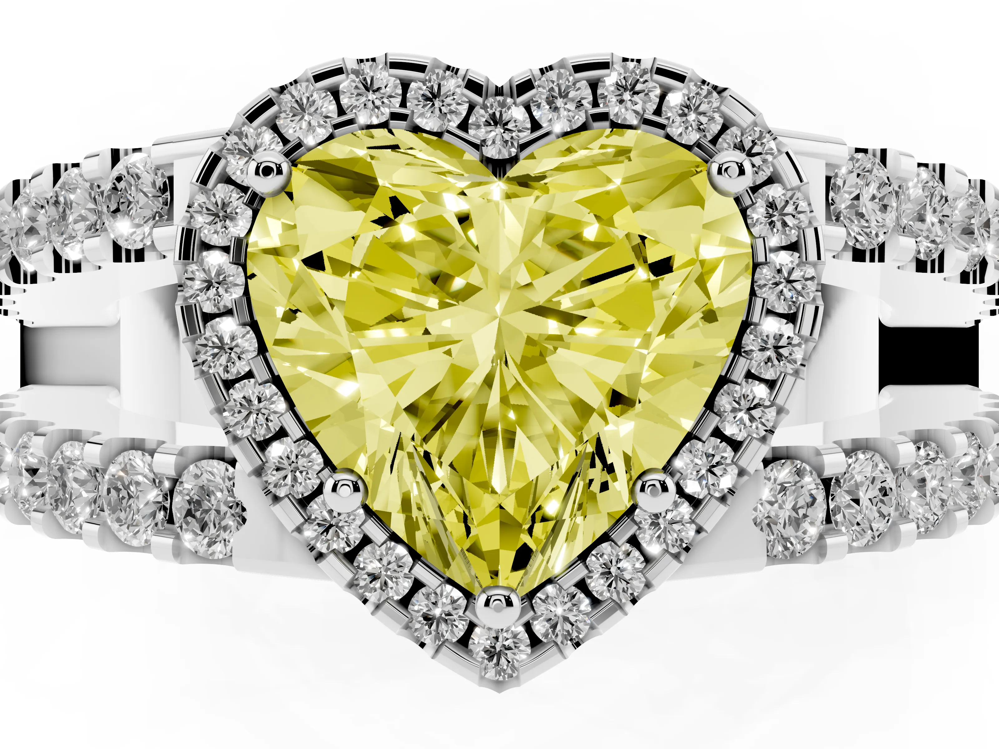 Fancy Yellow Heart Cut Diamond Halo Ring Set in Silver with Pavé Split Shank and Prong Setting