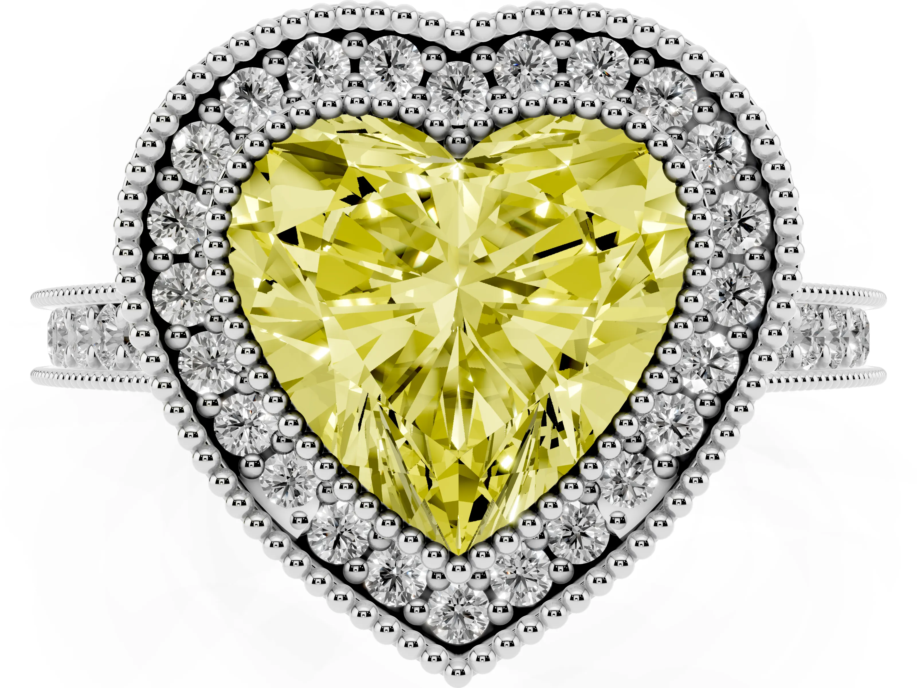 Fancy Yellow Heart Cut Diamond Halo Milgrain Pavé Band Ring Set in Platinum with Prong Setting