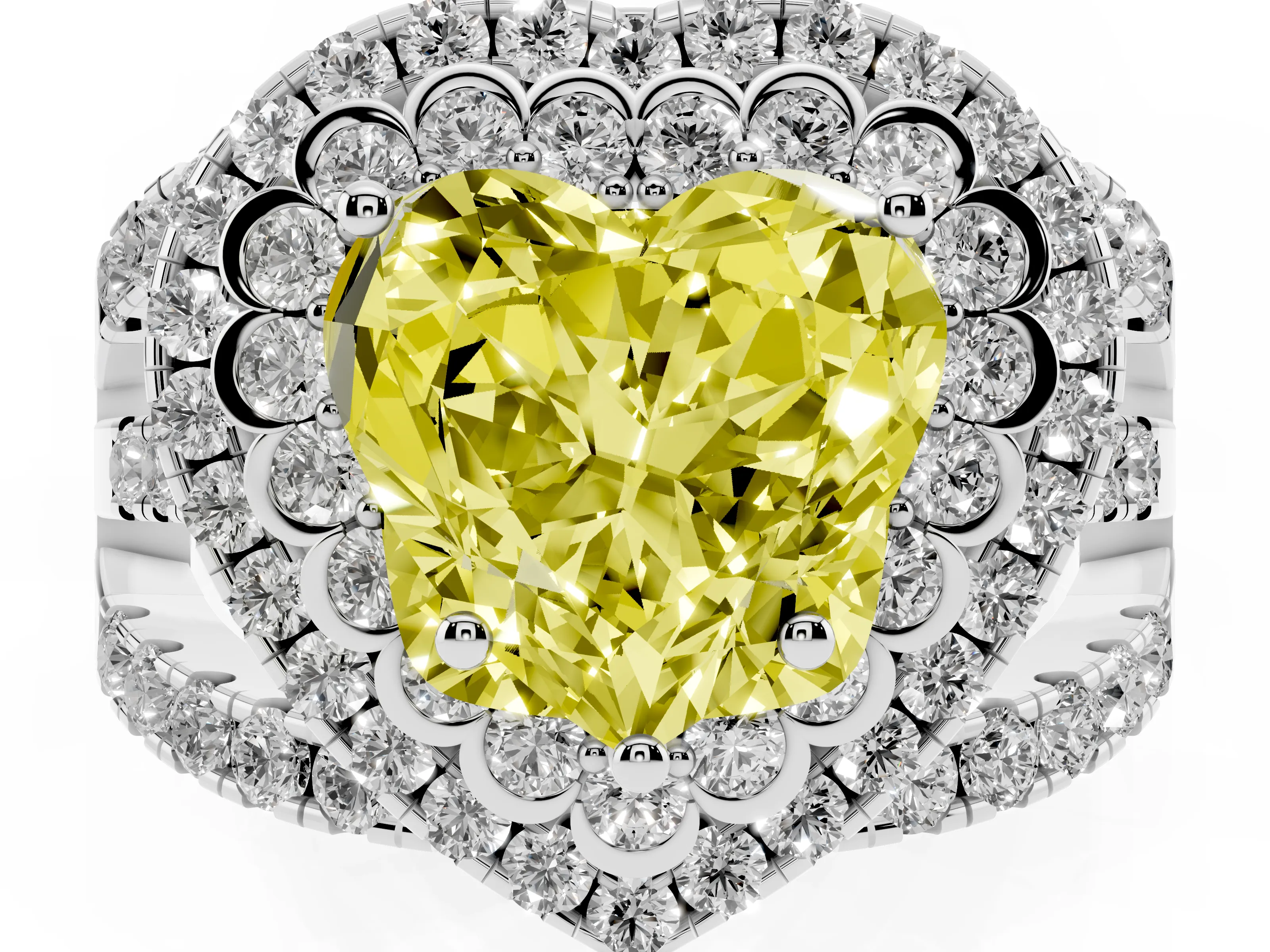 Fancy Yellow Heart Cut Diamond Double Halo Ring Set in White gold with Round Pavé Split Shank