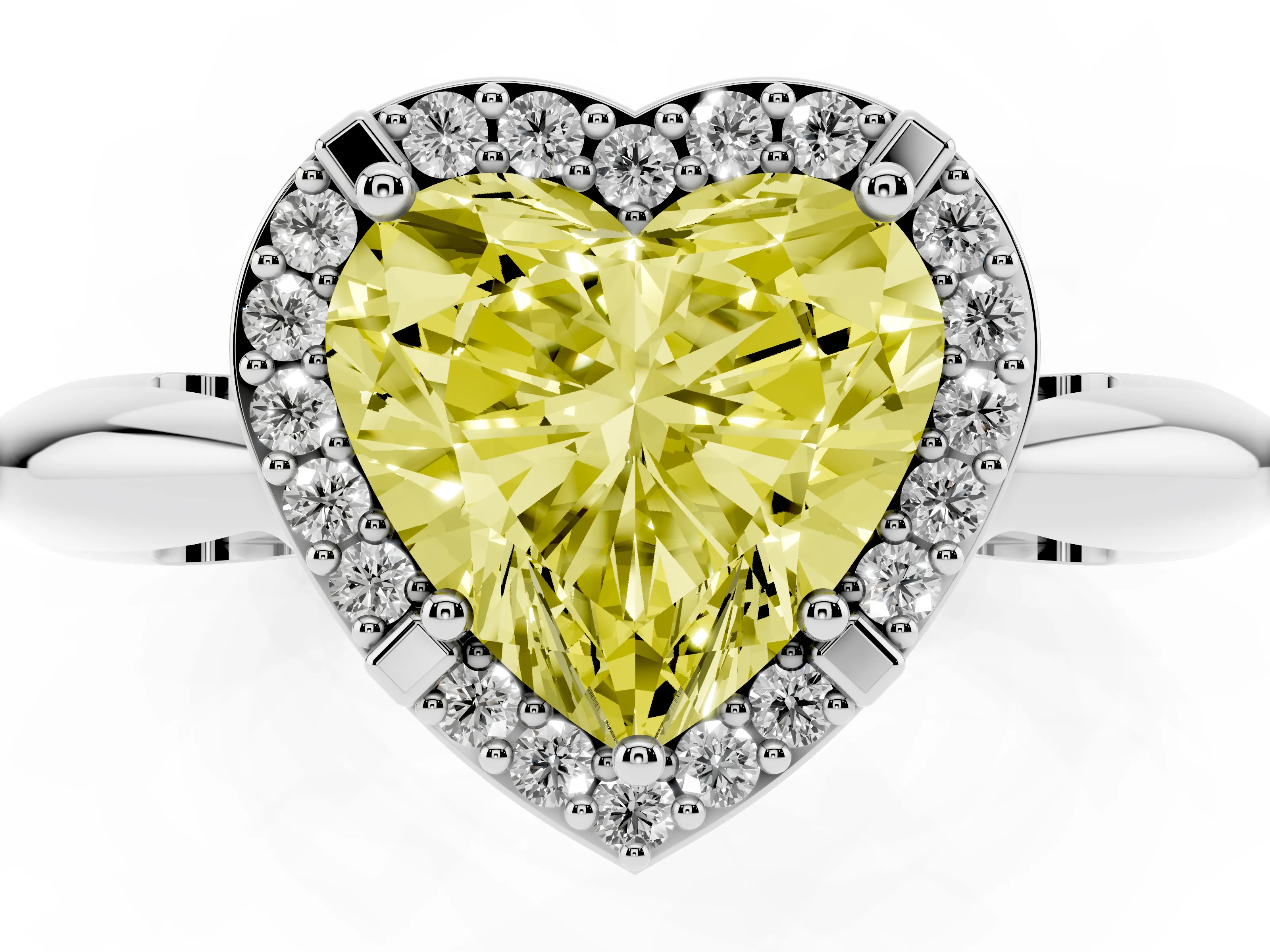 Fancy Yellow Heart Cut Diamond Halo Engagement Ring Set in Silver with Plain Split Shank and Prong Setting