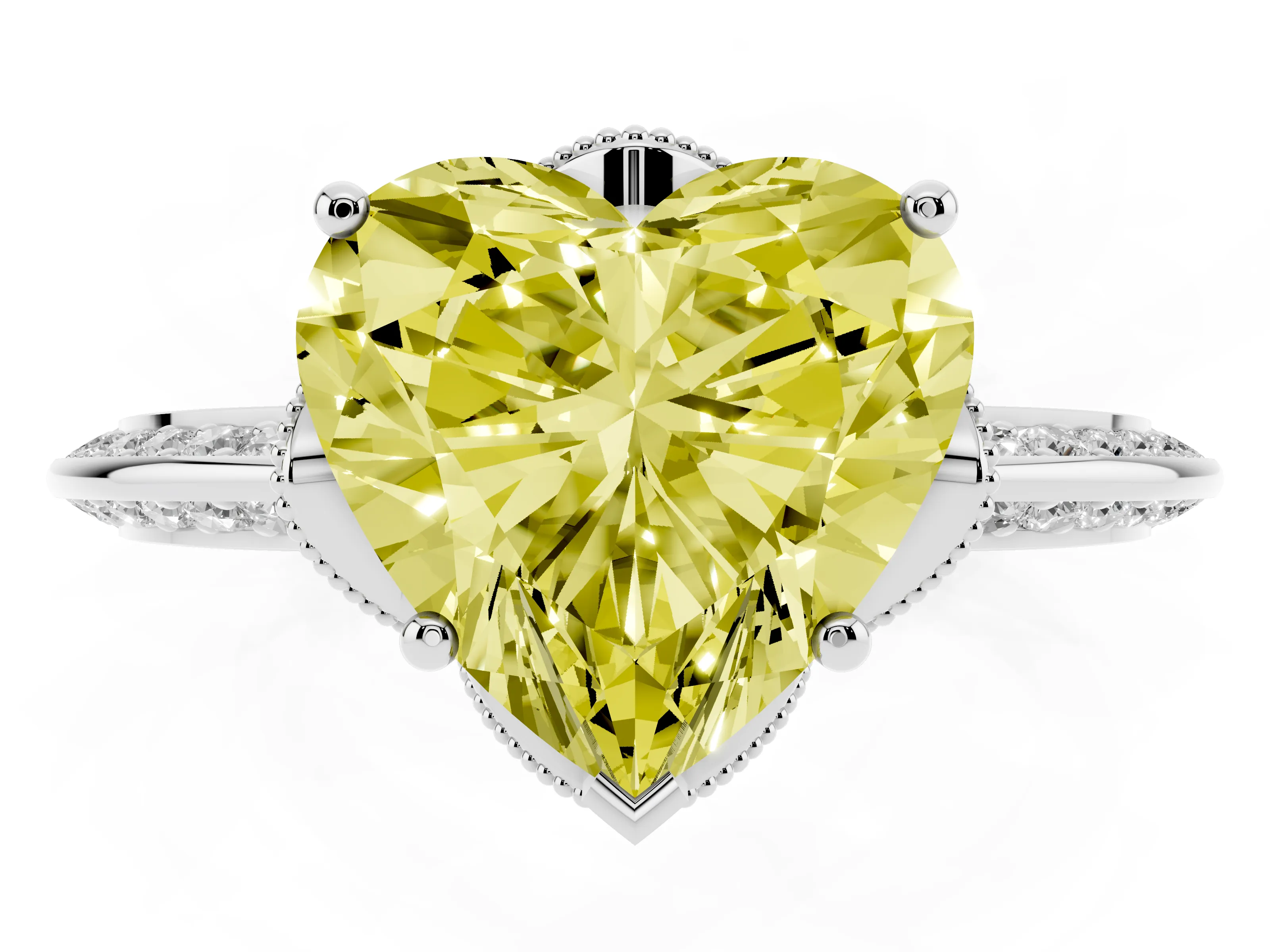 Fancy Yellow Heart Cut Diamond Solitaire Engagement Ring Set in White gold with Pavé Split Shank and Prong Setting