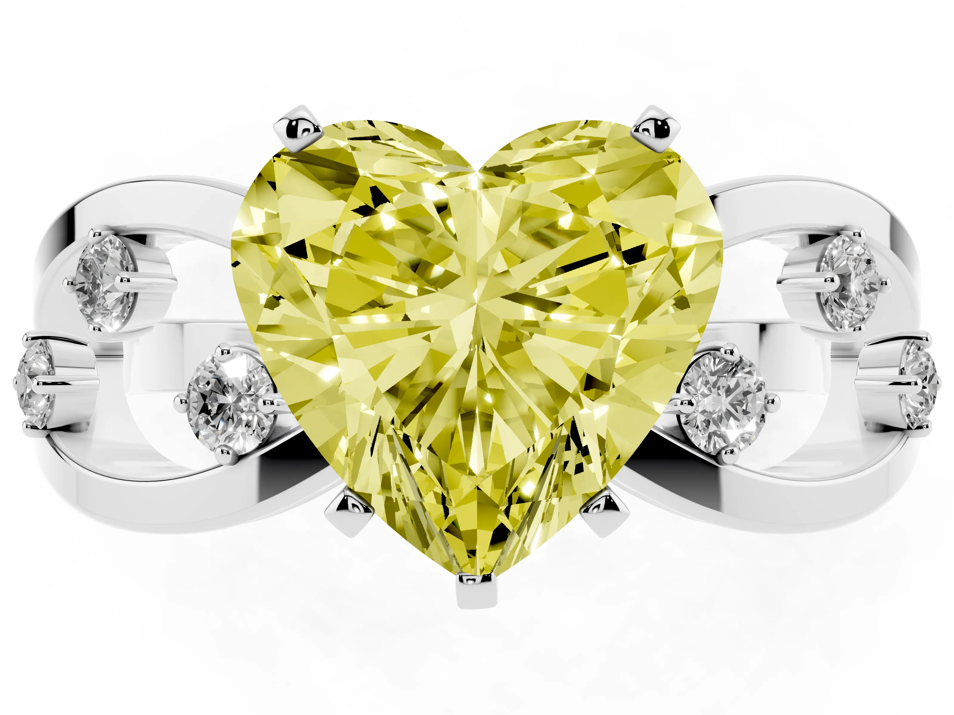 Fancy Yellow Heart Cut Diamond Solitaire Ring Set in Silver with Side Stones on Criss-Cross Band and Prong Setting