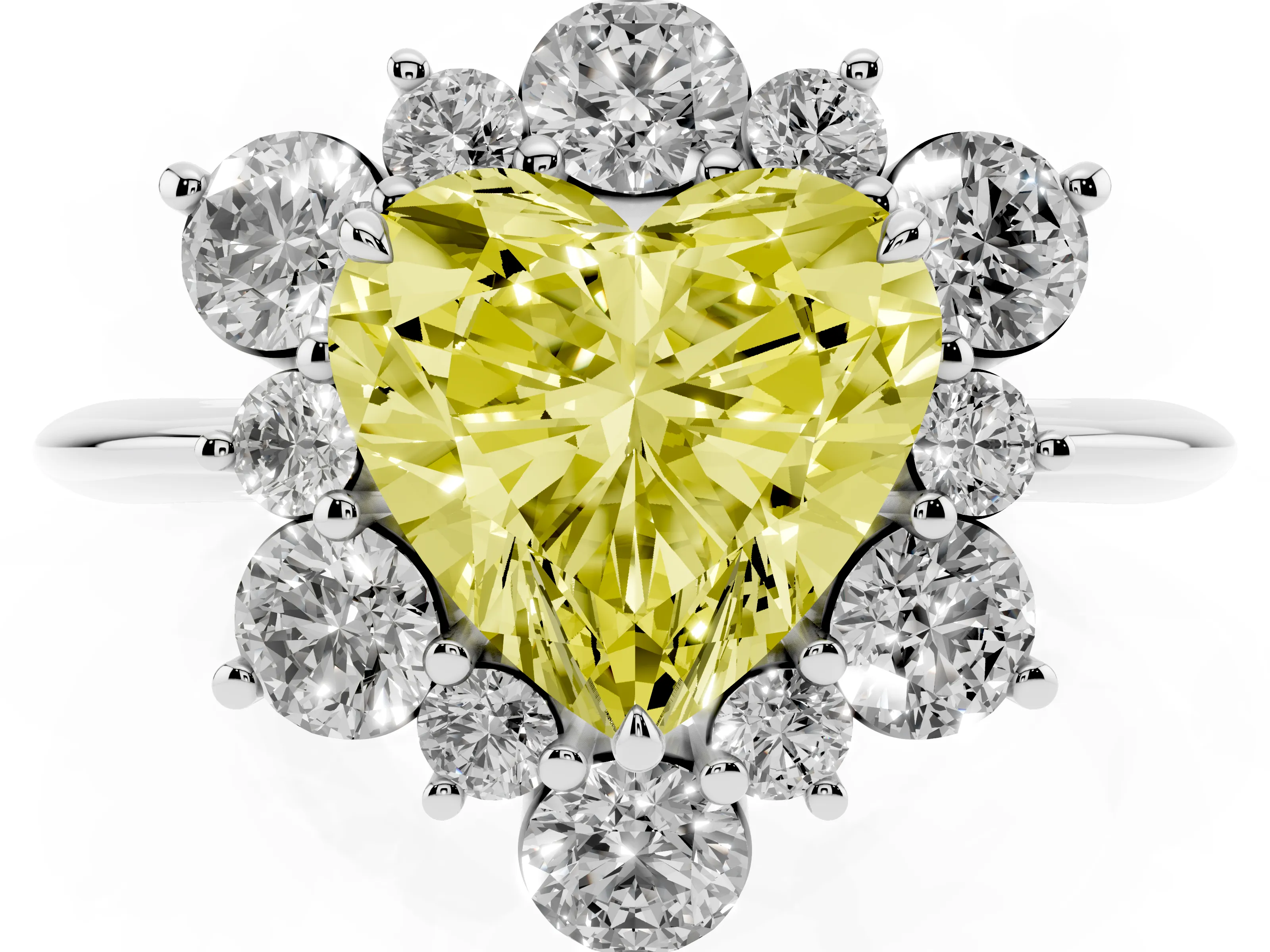 Fancy Yellow Heart Cut Diamond Cluster Halo Ring Set in White gold with Solitaire Band and Prong Setting