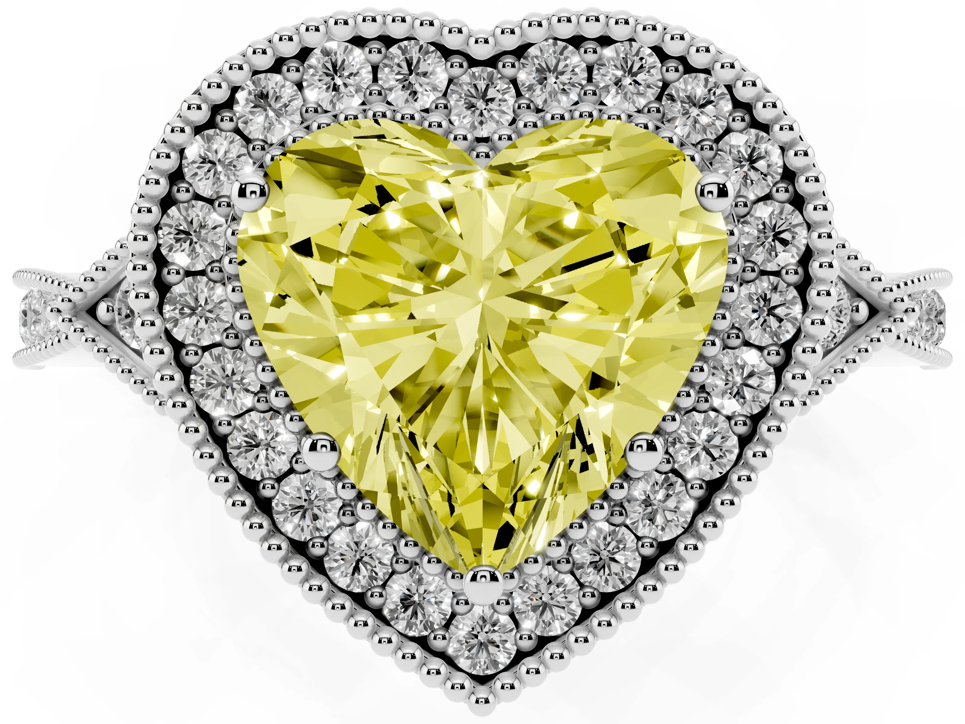 Fancy Yellow Heart Cut Diamond Halo Engagement Ring Set in White gold with Milgrain Pavé Band