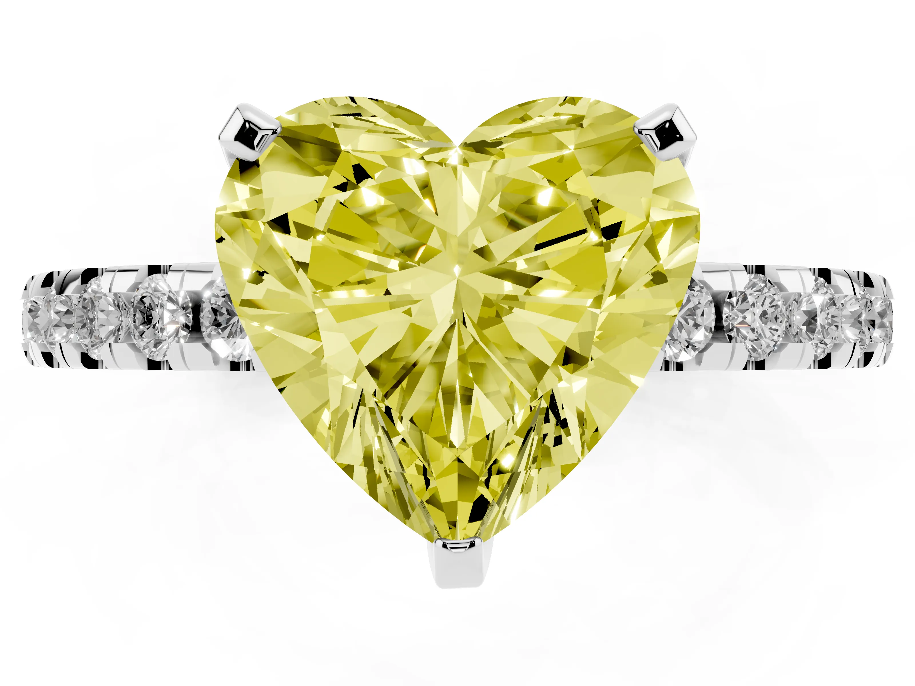 Fancy Yellow Heart Cut Diamond Pavé Solitaire Ring Set in White gold with Round Band Accents and Prong Setting