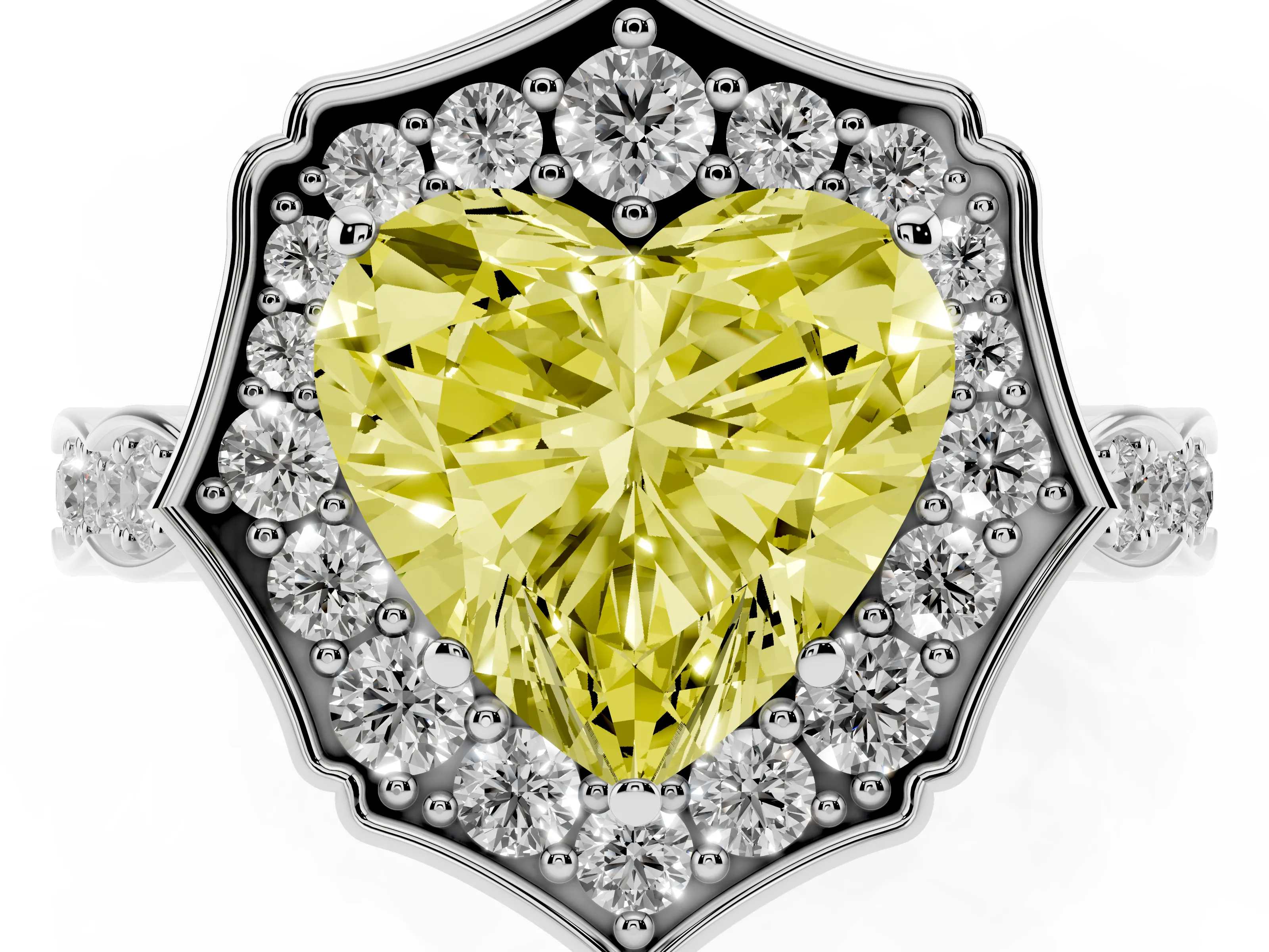 Fancy Yellow Heart Cut Diamond Halo Engagement Ring Set in White gold with Milgrain Band and Prong Setting