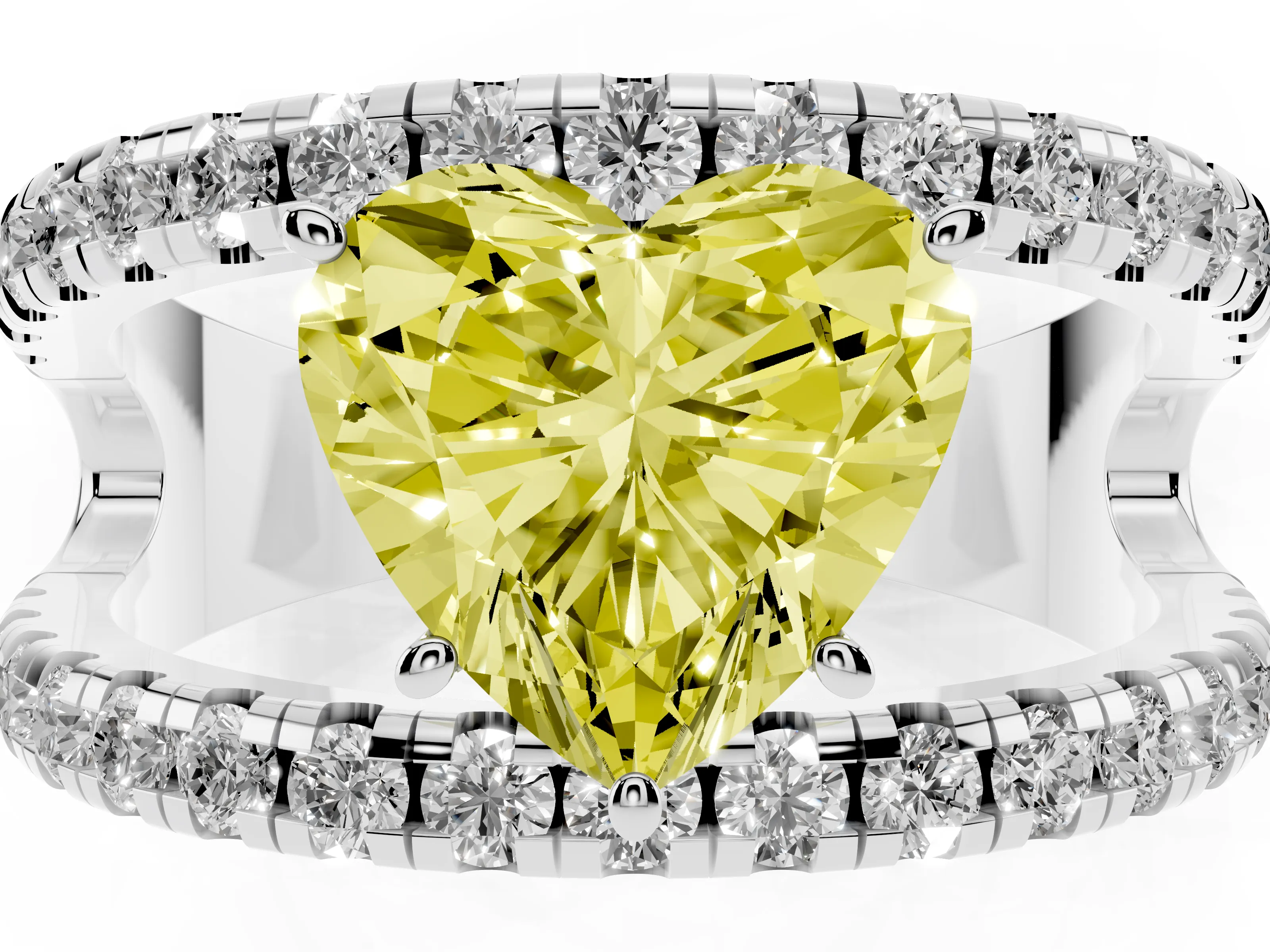 Fancy Yellow Heart Cut Diamond Split Shank Pavé Solitaire Ring Set in Platinum with Open Shank Design