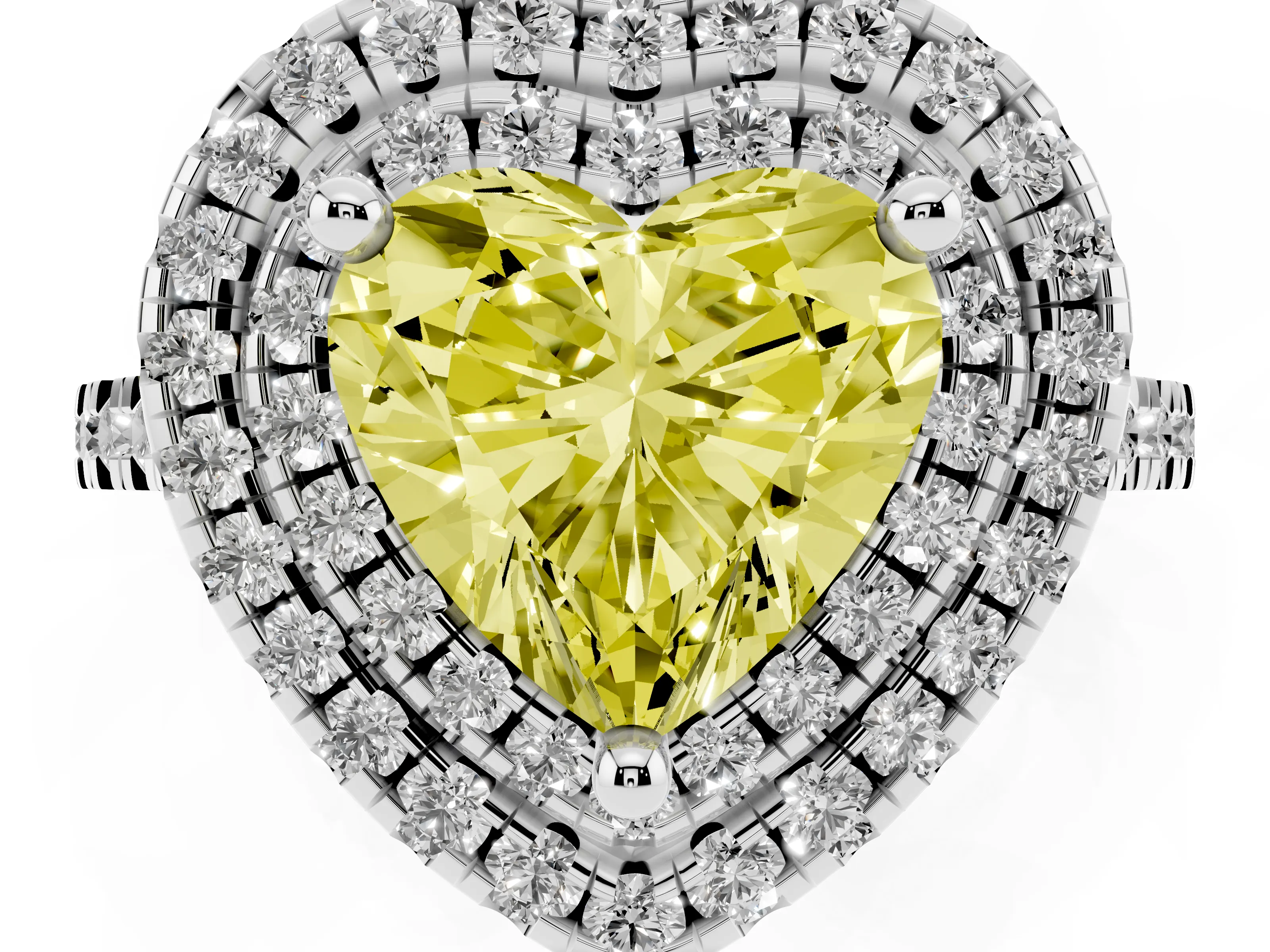 Fancy Yellow Heart Cut Diamond Double Halo Statement Ring Set in Silver with Pavé Band