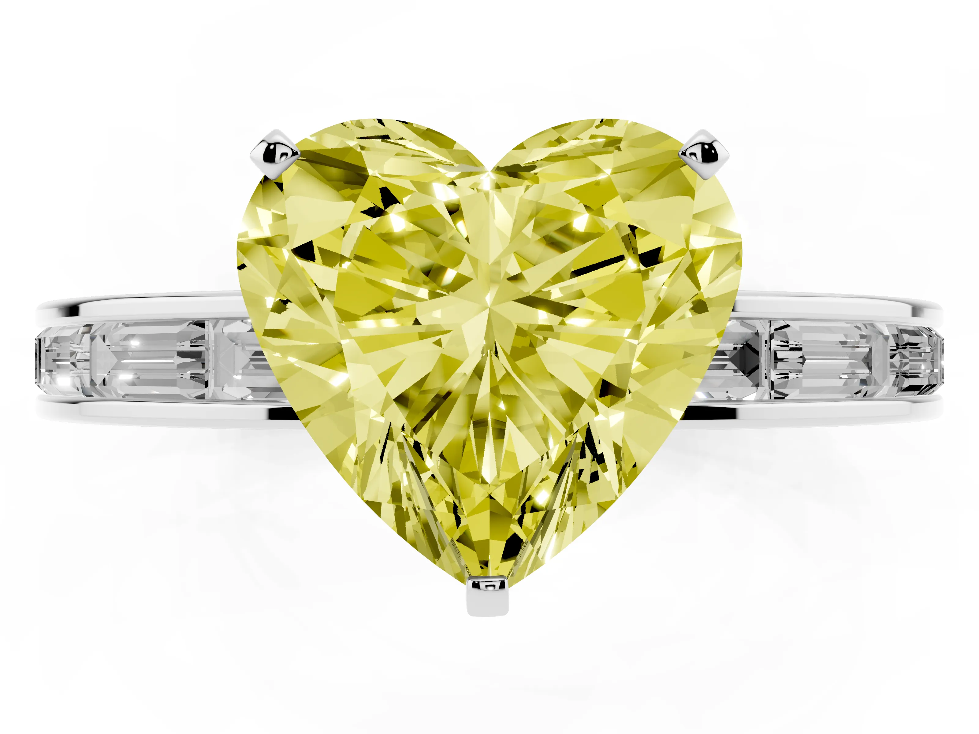 Fancy Yellow Heart Cut Diamond Solitaire Ring Set in White gold with Channel-Set Baguette Band and Prong Setting