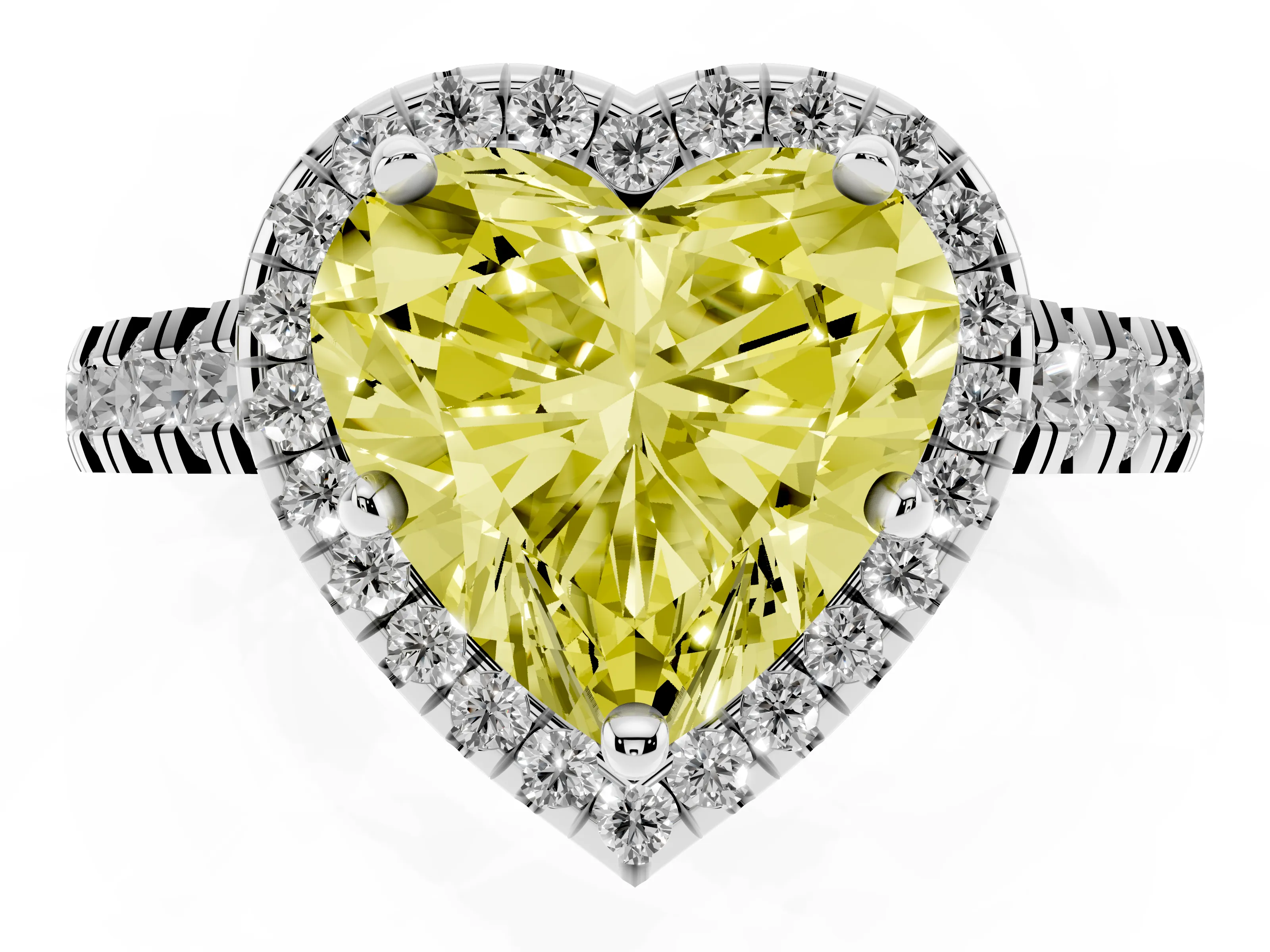 Fancy Yellow Heart Cut Diamond Halo Engagement Ring Set in Platinum with Pavé Band and Prong-Set Center