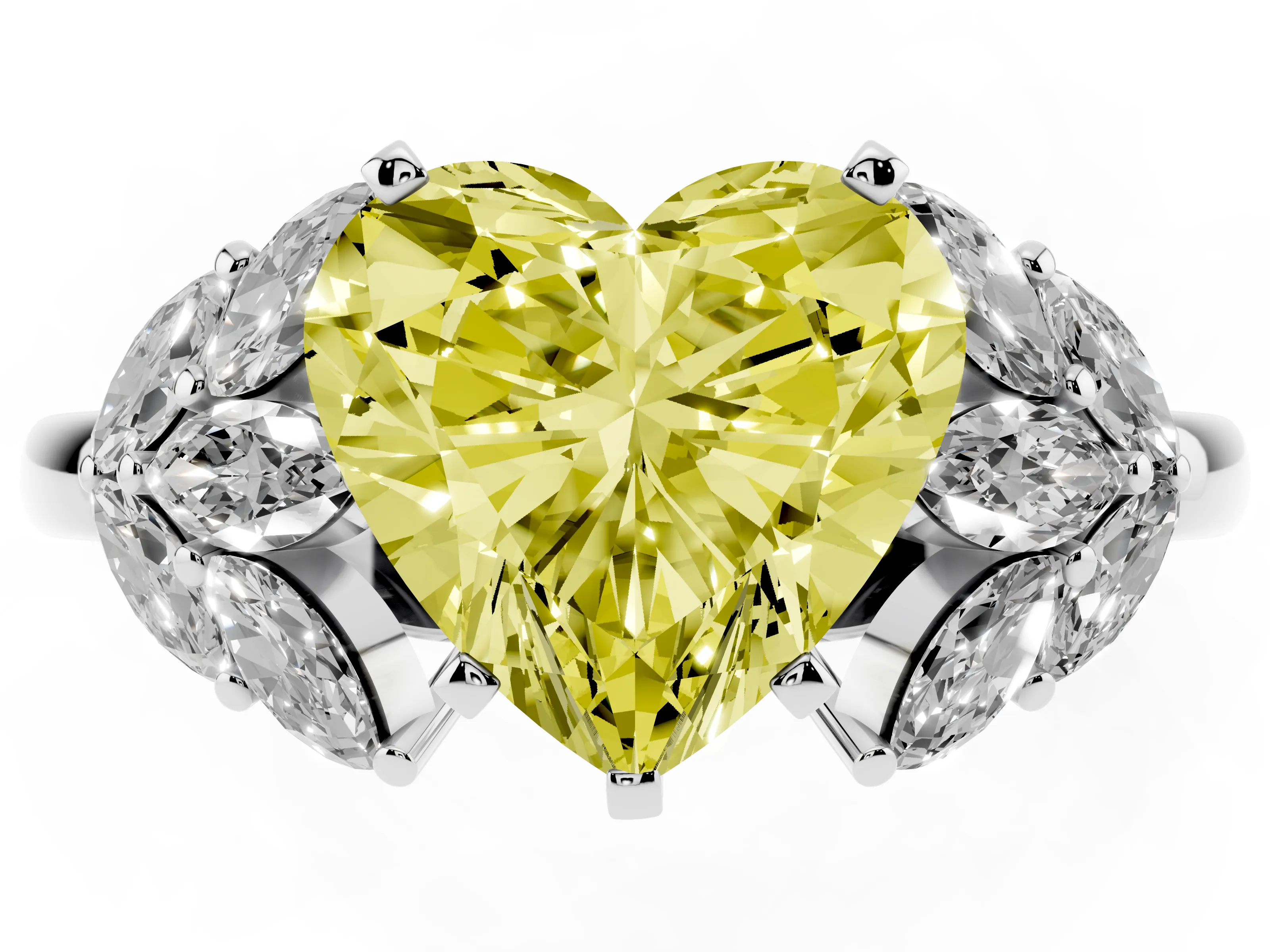 Fancy Yellow Heart Cut Diamond Cluster Leaf Design Ring Set in Silver with Prong Setting