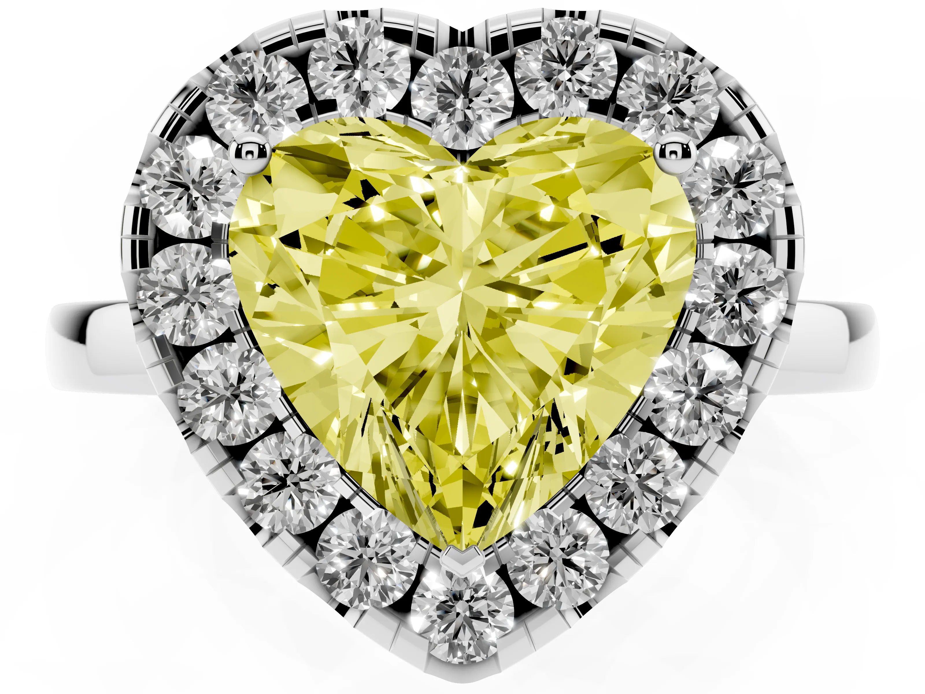 Fancy Yellow Heart Cut Diamond Halo Solitaire Ring Set in White gold with Pavé Band and Prong Setting